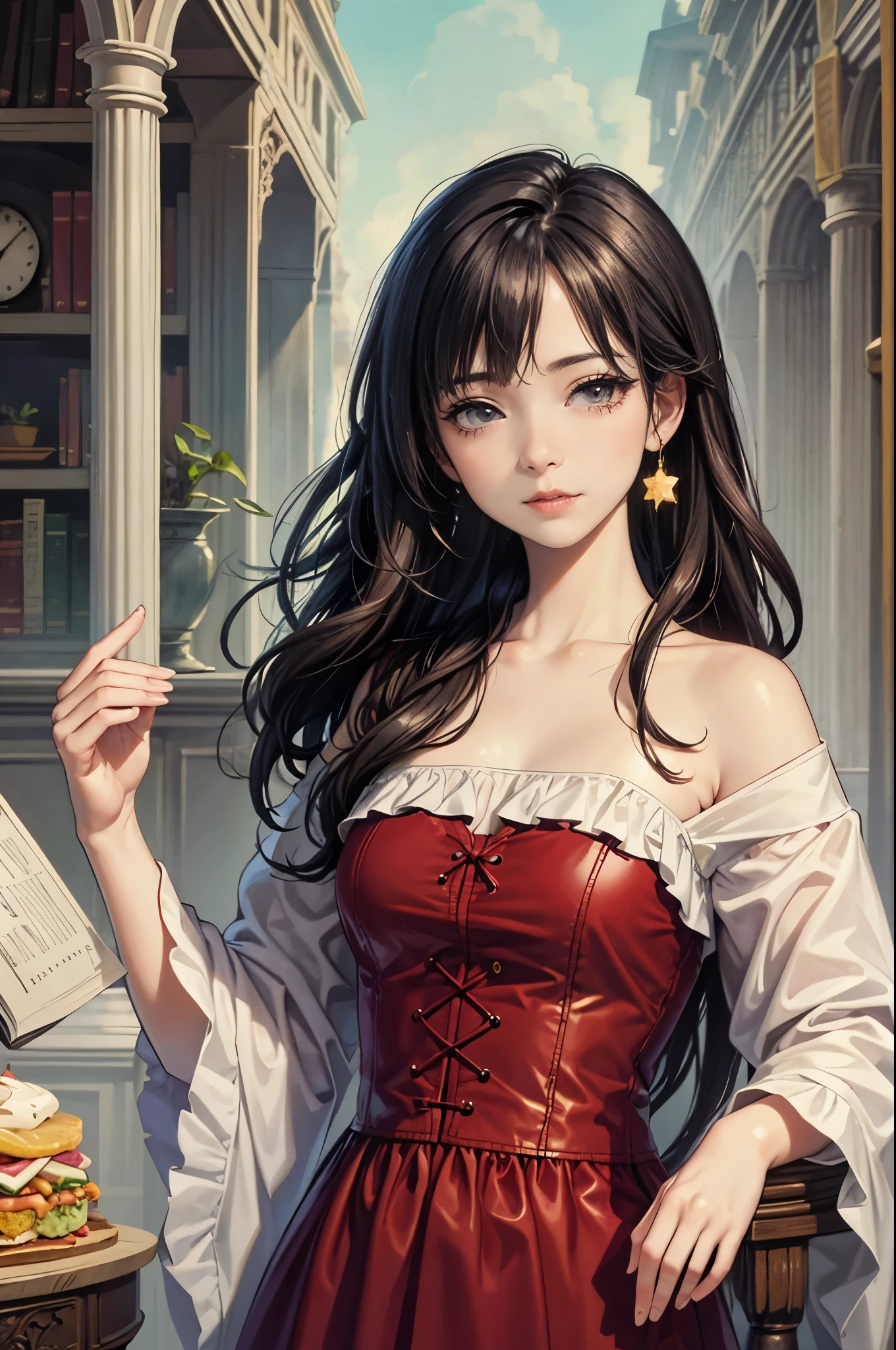 (best quality,8K,CG),detailed upper body, Victorian girl, detailed library interior background,complex facial features,elegant long curly hair,almond-shaped big eyes,detailed eye makeup,long eyelashes,twinkling stars,exquisite lip details,soft and harmonious style.