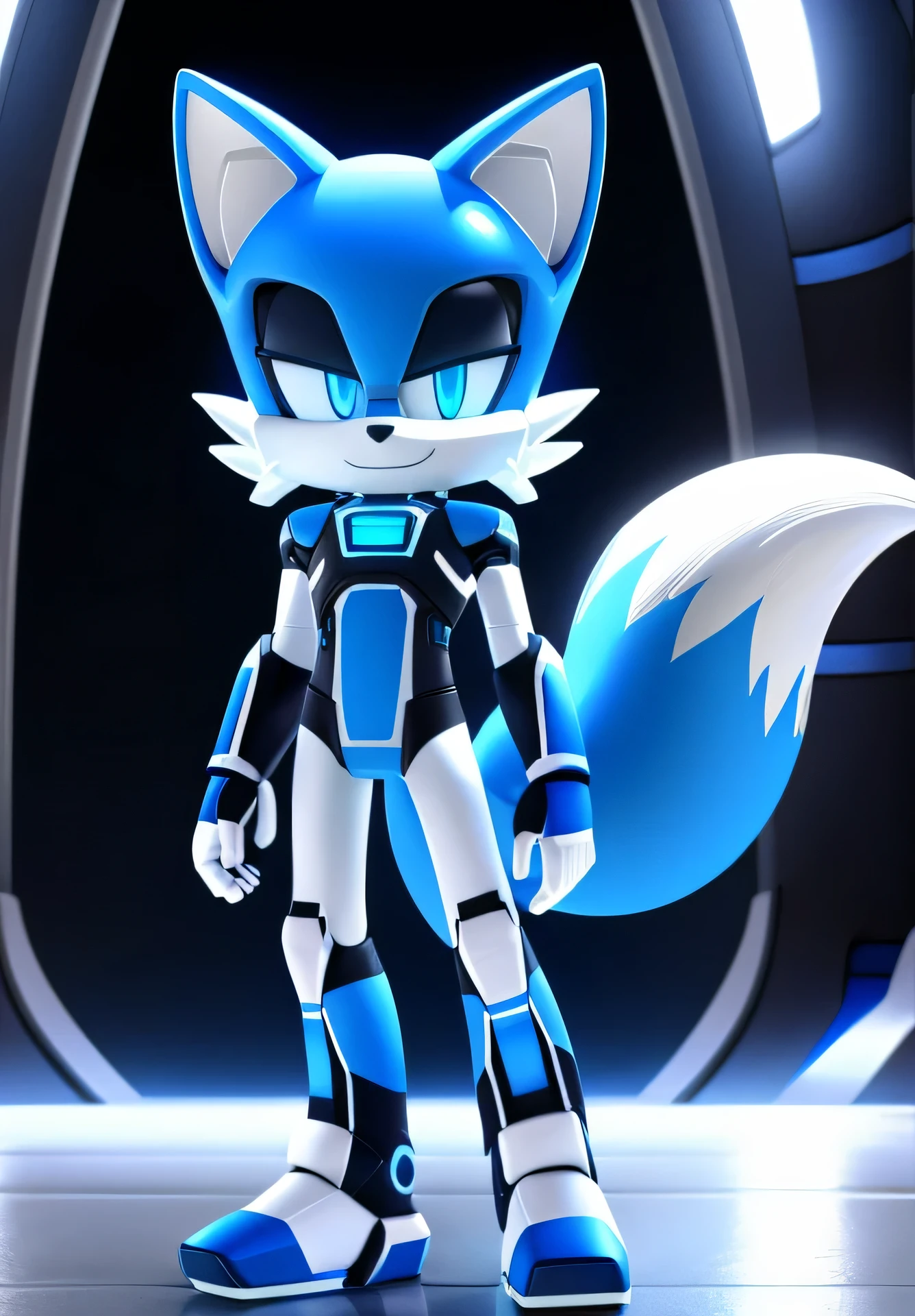 A solo male twink anthro android ((fox)), with bright white fur, short quills, glowing blue eyes, white muzzle, wearing a shiny, latex sci-fi bodysuit standing in a futuristic landscape. The android's bodysuit has (((light blue, and white coloring))), and intricate futuristic details, creating a  clean look. the android has a seductive smirk on his face