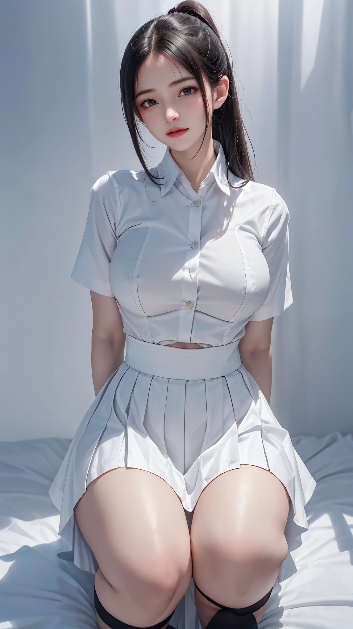 1 lady,************,dark hair,Beautiful ponytail hairstyle, (high waist skirt:1.3),, (White shirt:1.3), (Double breasted,underbust:1.2), short sleeves, Button gap,moan,,Sweaty shirts,Sweaty thighs,half squat,legs spread,My crotch is wet,lift up skirt,Wansu,The pants are transparent,Shy, Awkward, blush