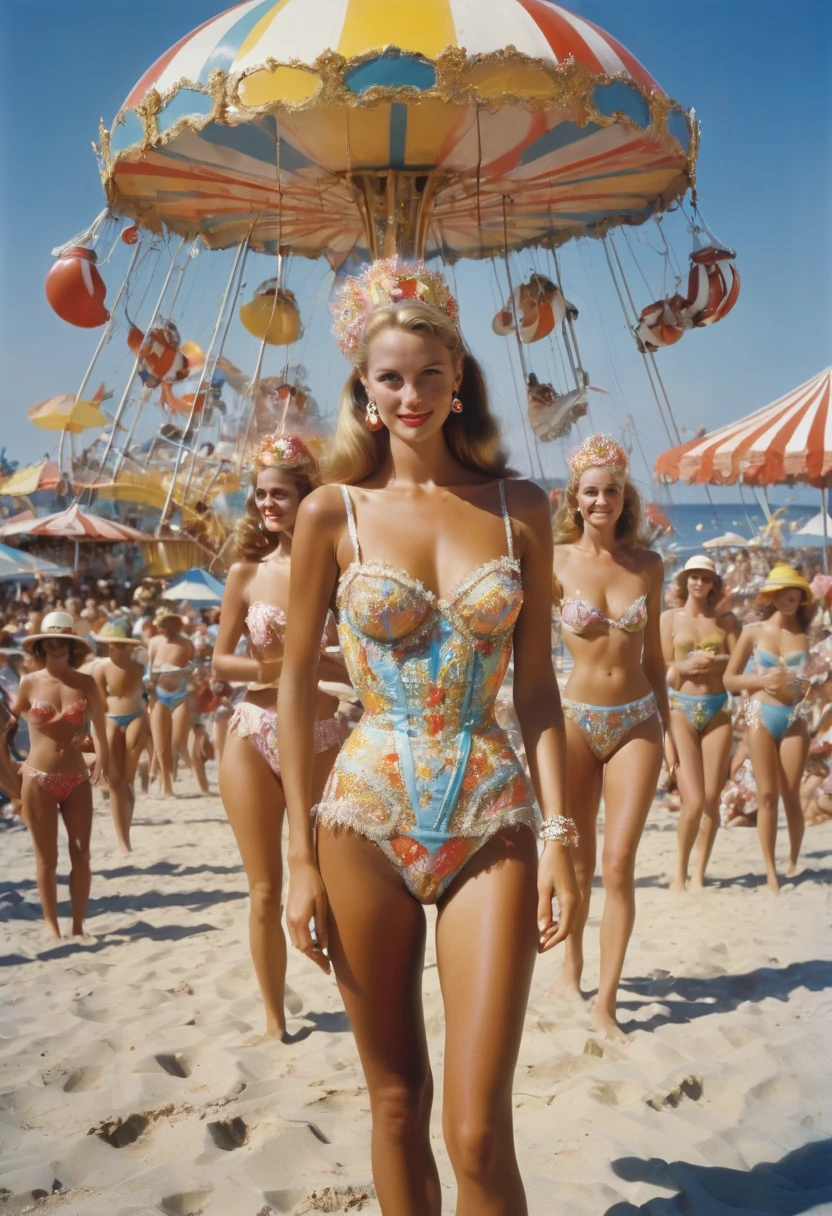 beach carnival by Slim Aarons, best quality, masterpiece, Representative work, official art, Professional, Ultra intricate detailed, 8k