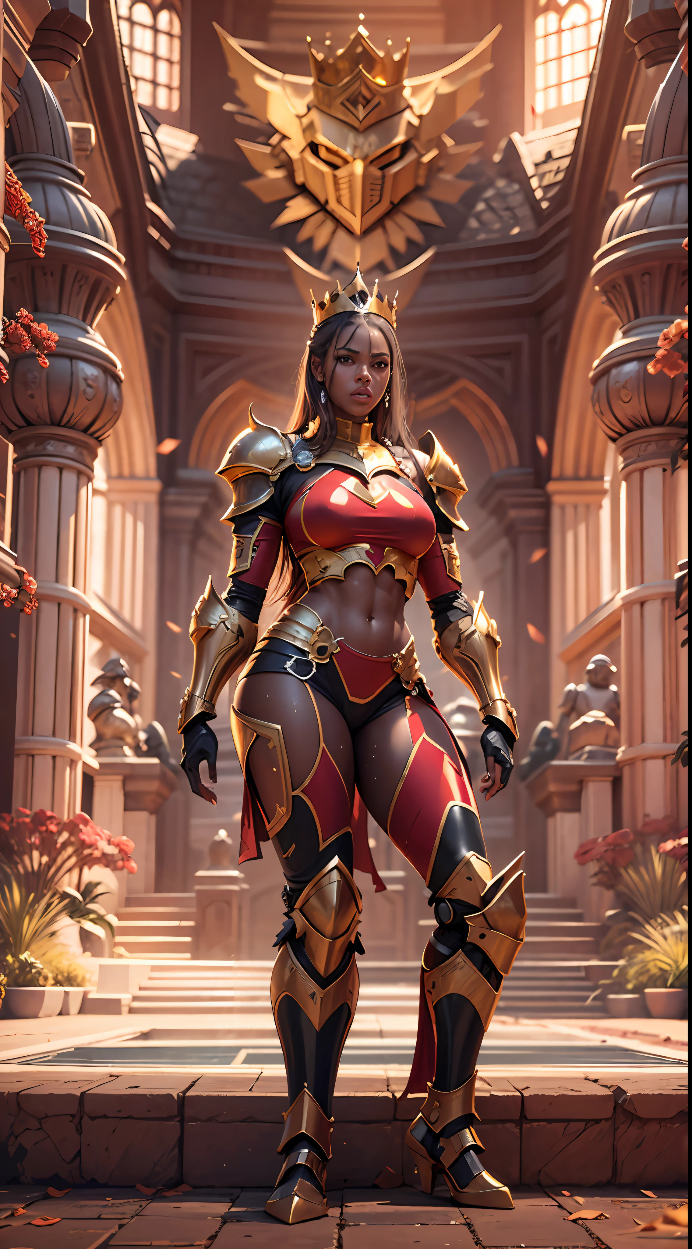 Ultra realistic , high resolution , ultra 8K , mulher negra , 30 anos de idade , pele suada , athletic body with golden robotic armor and red color , Steel King Clothing , A Knight Cybernetic King , ultra resolution , Trono do castelo do deserto , pose de luta , brigando . athletic body