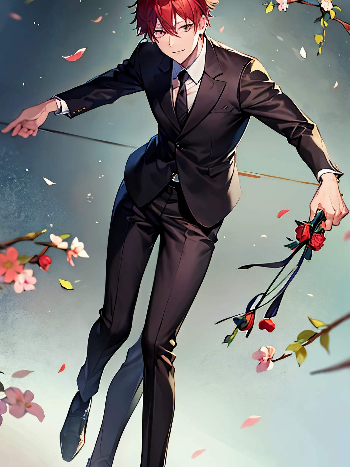 Yuuta from the anime jujutsu kaisen holding a bouquet of flowers in a suit and tie with a loving face