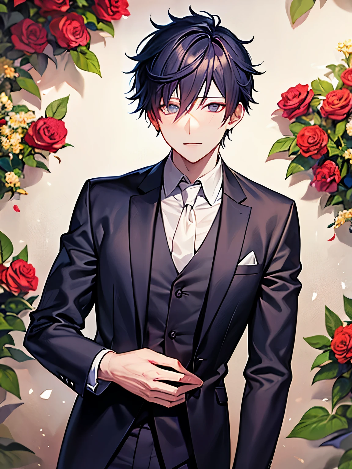 Yuuta from the anime jujutsu kaisen holding a bouquet of flowers in a suit and tie with a loving face