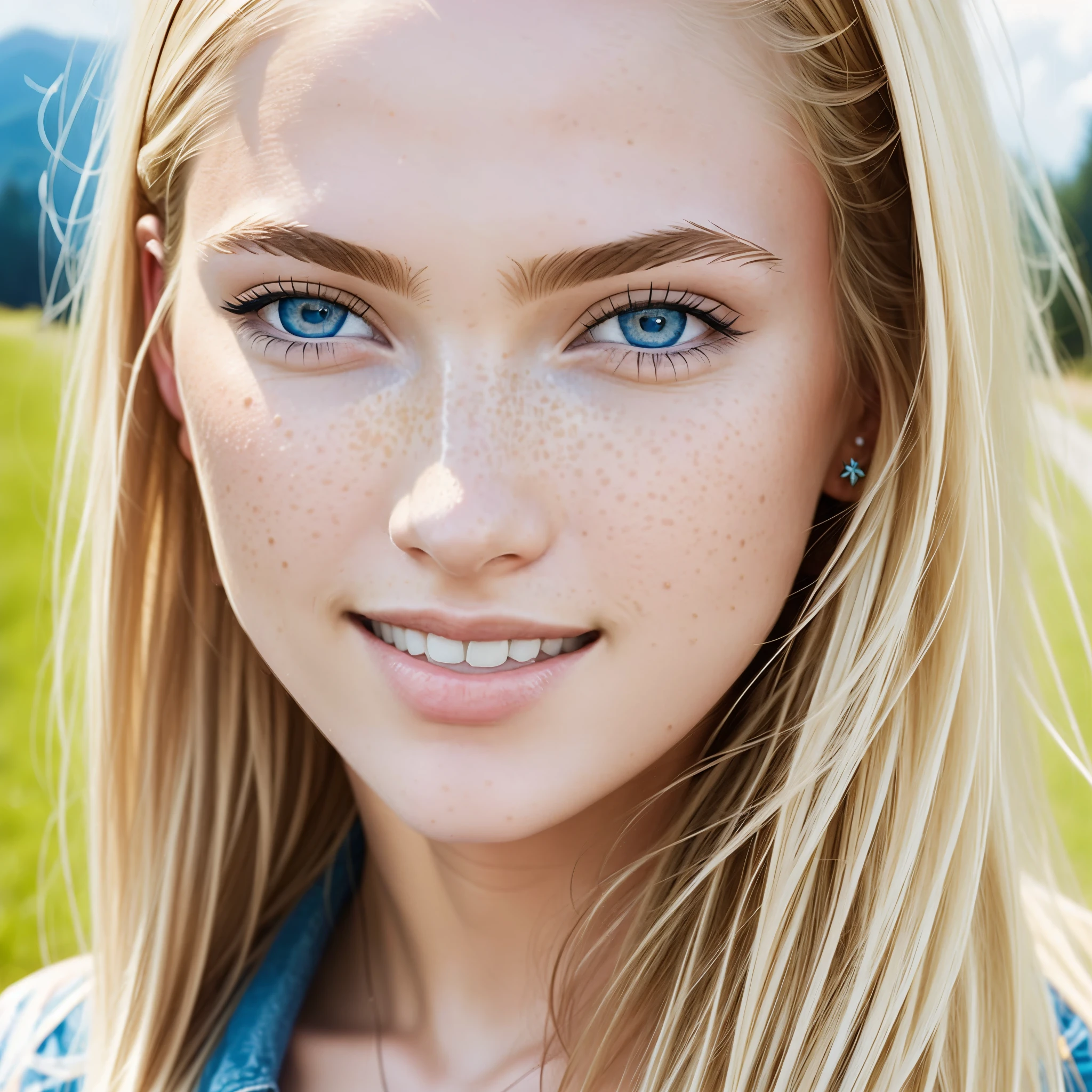((best quality)), ((masterpiece)), (detailed), perfect face blond woman with freckled hair and blue eyes smiling, light freckles, more freckles, freckles, freckles