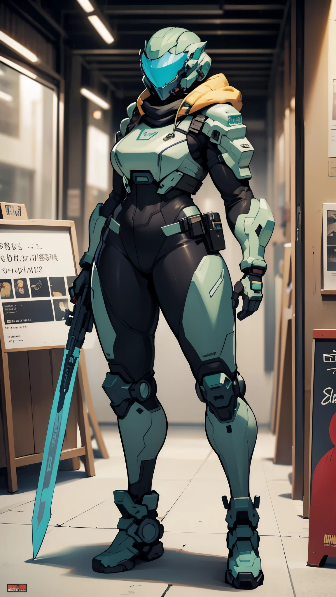Masterpiece, High quality, ((character concept art)), ((character design sheet, same character))

a futuristic-looking female military commander, wearing a ((kevlar helmet)) and is dressed in ((turquoise suit)), holding weapon, holding sword, wearing epTactical, XCOM game inspired, XCOM character, ((wide hips)) tall, video game character design, accessories, hoodie,

Expert high detail concept art, comic book style, intricate comic book outline line work, flat colors, concept art, solid background