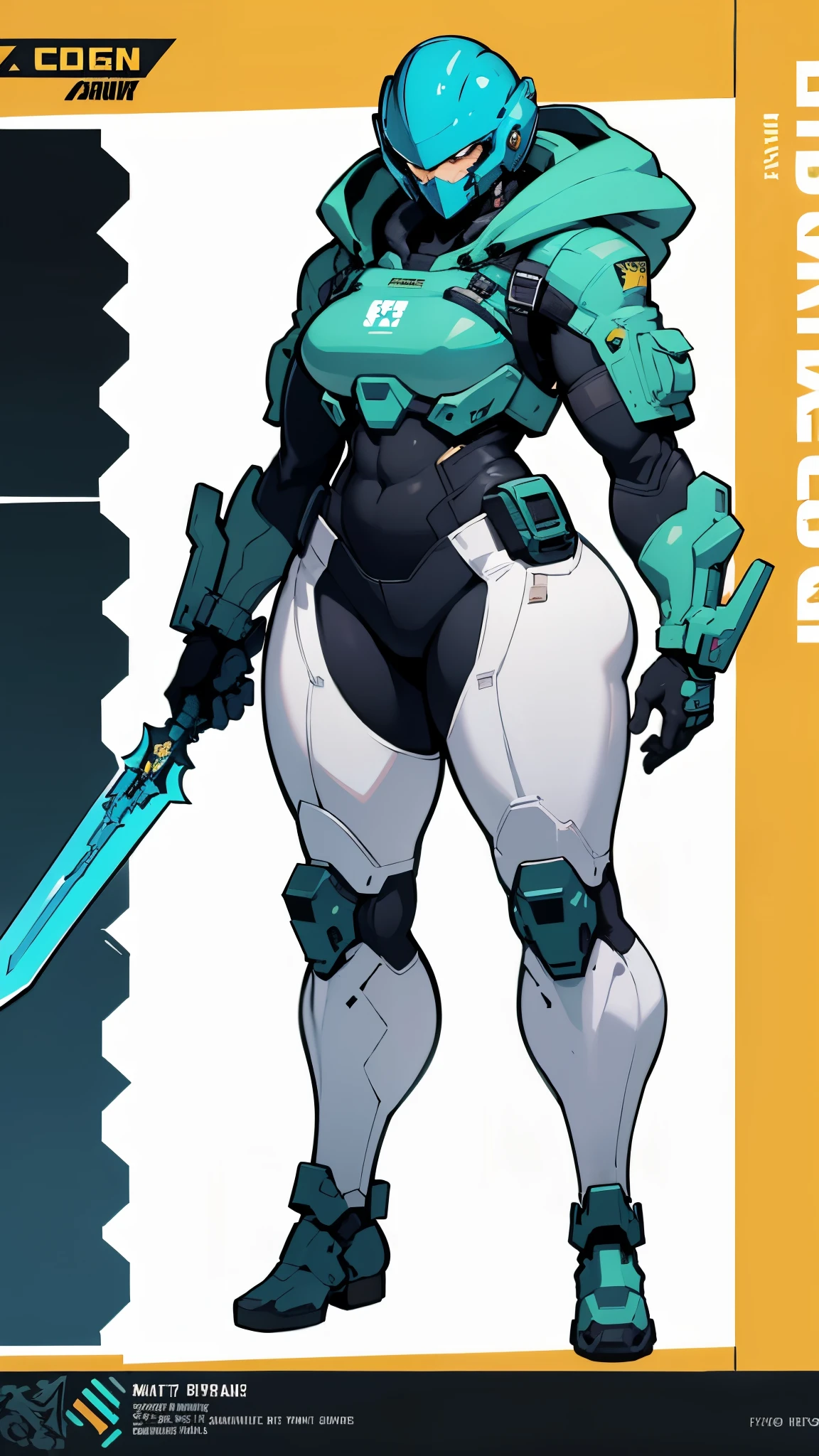 Masterpiece, High quality, ((character concept art)), ((character design sheet, same character))
a futuristic-looking female military commander, wearing a ((kevlar helmet)) and is dressed in ((turquoise suit)), holding weapon, holding sword, wearing epTactical, XCOM game inspired, XCOM character, ((wide hips)) tall, video game character design, accessories, hoodie,
Expert high detail concept art, comic book style, intricate comic book outline line work, flat colors, concept art, solid background