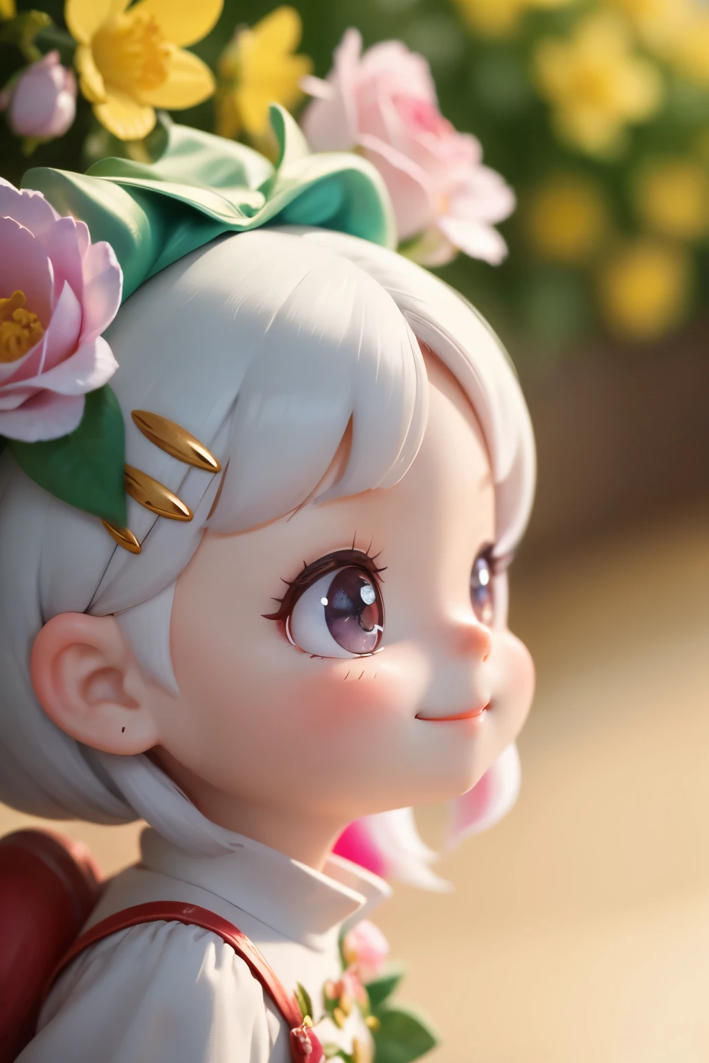 Chibi girl smelling the scent of rose flowers、Jewel-like eyes、Take a super close-up shot of lips from the side、smile