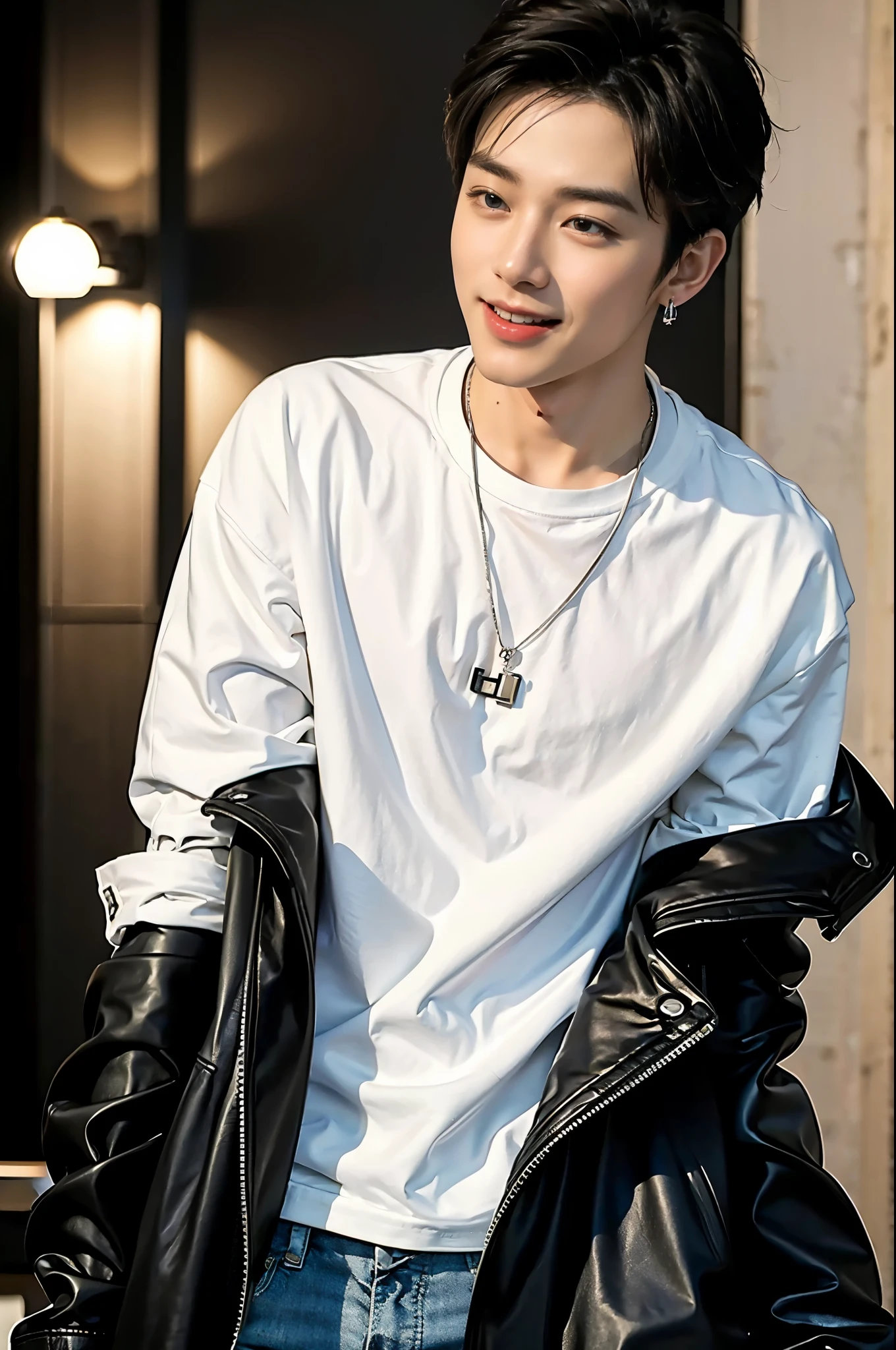((highest quality, 8k, masterpiece: 1.3))、cool korean men, 20 year old male、korean style long hair、sturdy face、handsome nose、detailed eyes and face、High resolution、Mouth Details、thin mouth、,smile、whole body: 1.5, perfect body shape: 1.photo of both shoulders:1.3, He is wearing a white T-shirt and a casual black coat.。:1.5, accessories earrings, necklace, mens rings, mens watches),solo,stand up straight,look straight at the camera,breast enhancement,laughing,