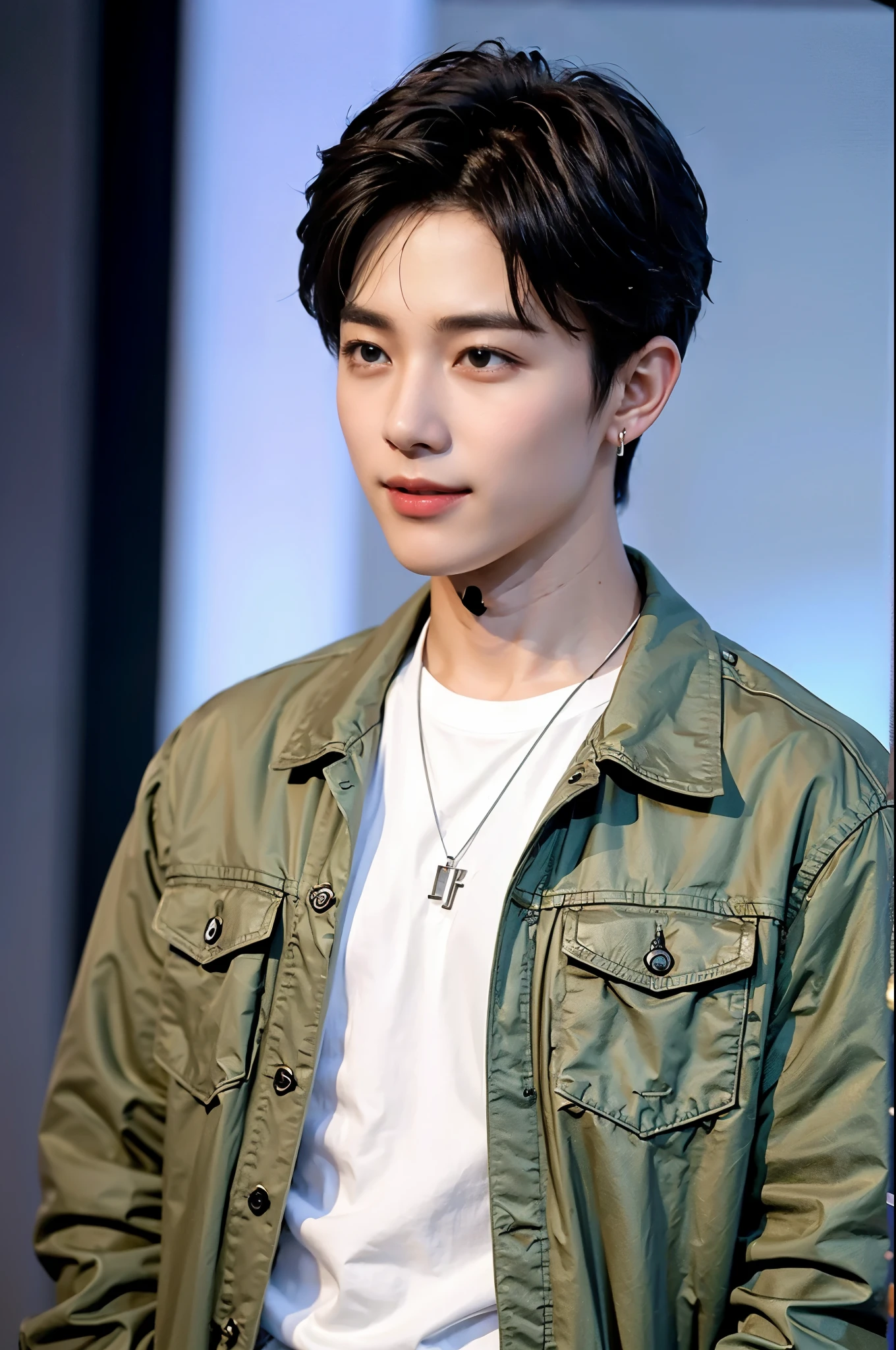 ((highest quality, 8k, masterpiece: 1.3))、cool korean men, 20 year old male、korean style long hair、sturdy face、handsome nose、detailed eyes and face、High resolution、Mouth Details、thin mouth、,smile、whole body: 1.5, perfect body shape: 1.photo of both shoulders:1.3, He is wearing a white T-shirt and a casual black coat.。:1.5, accessories earrings, necklace, mens rings, mens watches),solo,stand up straight,look straight at the camera,breast enhancement,laughing,
