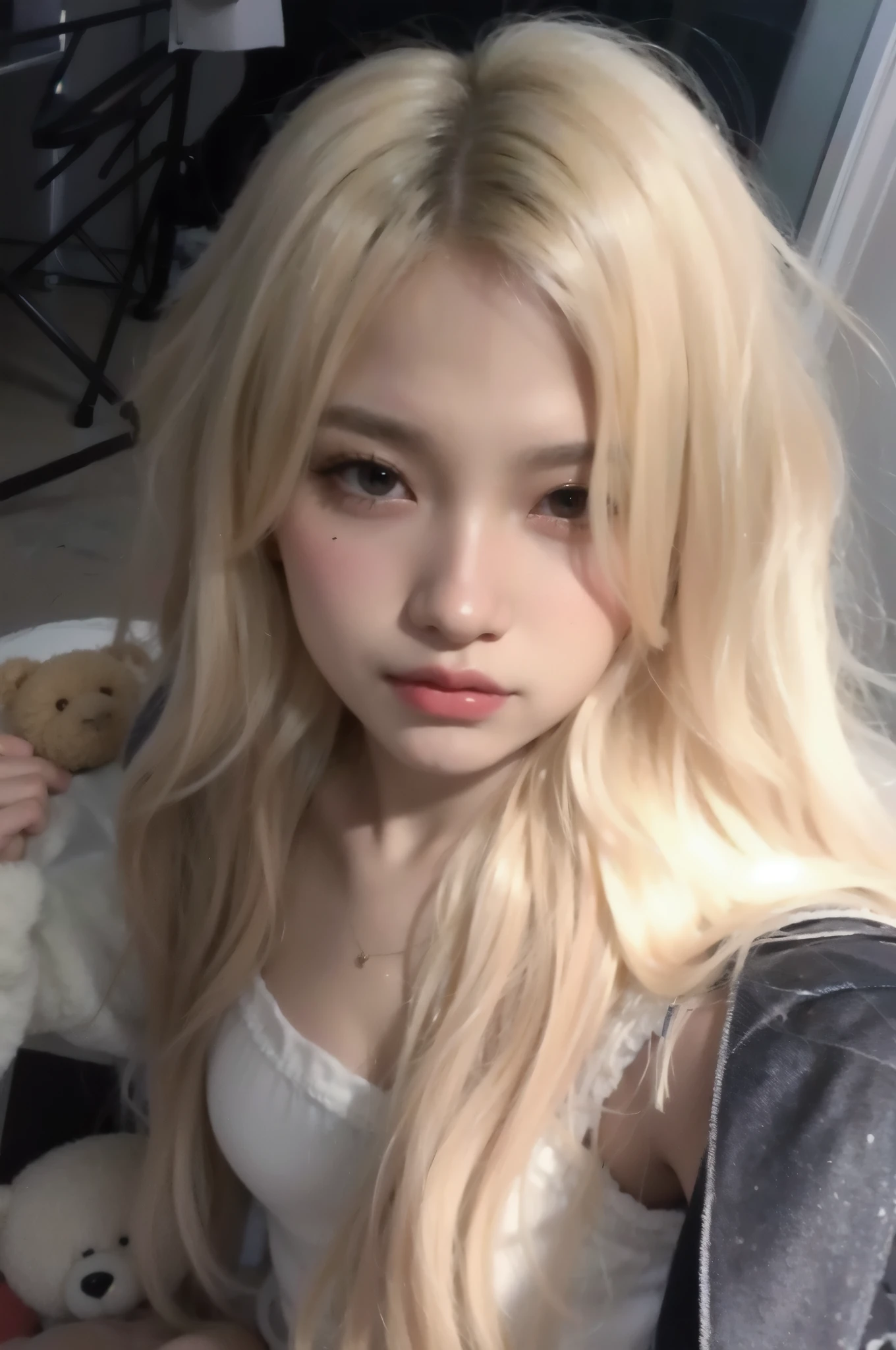 a close-up of a person with long blonde hair and a teddy bear, parque roseanne de blackpink, cabelo loiro muito claro, cabelo loiro extremamente claro, Ulzzang, pale round face, coreana, her hair is white, longos cabelos loiros e olhos grandes, pale porcelain white skin, pale and glowing skin, jossi do blackpink, Uma garota com cabelo loiro, jennie blackpink, lisa blackpink