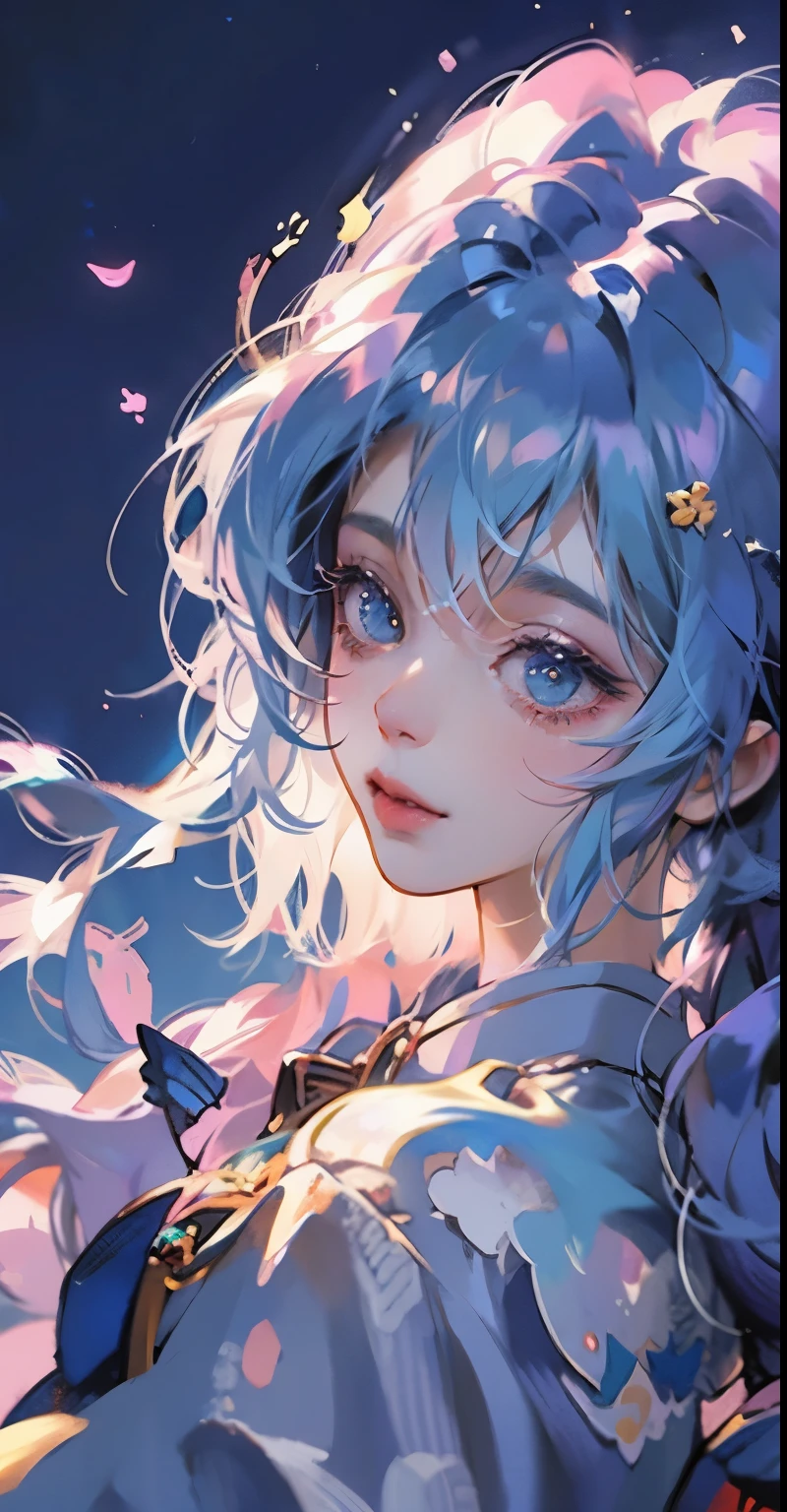 Close-up of a woman with colorful hair and necklace, anime girl with cosmic hair, Rossdraws' soft vibrancy, Gouviz-style artwork, fantasy art style, colorful], vibrant fantasy style, Rossdraws cartoon full of energy, cosmic and colorful, Guweiz, colorful digital fantasy art, stunning art style, beautiful anime style, white skin, night coat,