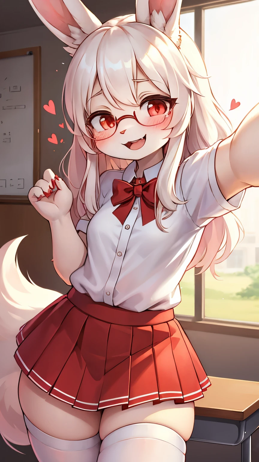 best quality,best resolution,white rabbit girl,red eyes,glowing eyes,glistering eyes,white long hair,wavy hair,messy hair,white long rabbit ears,fluffy round rabbit tail,white fur,white short arm shirt,red mini skirt,red ribbon bowtie,glasses,desire face,smile,open mouth,full face blush,squinting eyes,heart eyes,white stocking,upper body only,classroom,gold light,light and shadow,morning,looking at viewer,heart eyes,close up,selfie,lift up skirt