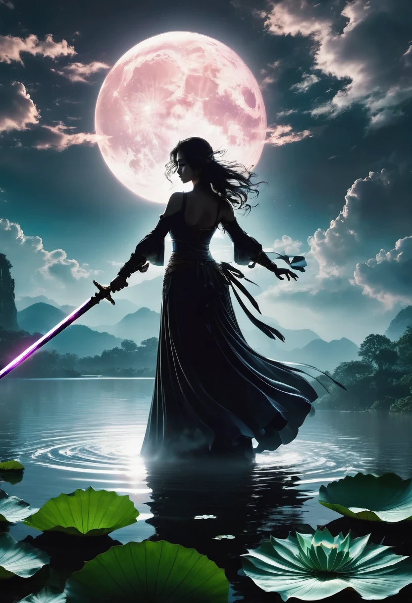 (Heroine dancing sword silhouette:1.5),glowing sword,(Combat stance,Strong dynamic stance:1.4),on the lake,high contrast, mysterious atmosphere,,cloud,smokes,lotus,lotus leaf,ripple,(water splash;1.4),moonlight,swordsman,effort,(Tyndall effect:1.8),visible light,Holy Light,top light,photon mapping,Radiosity,Physically based rendering,