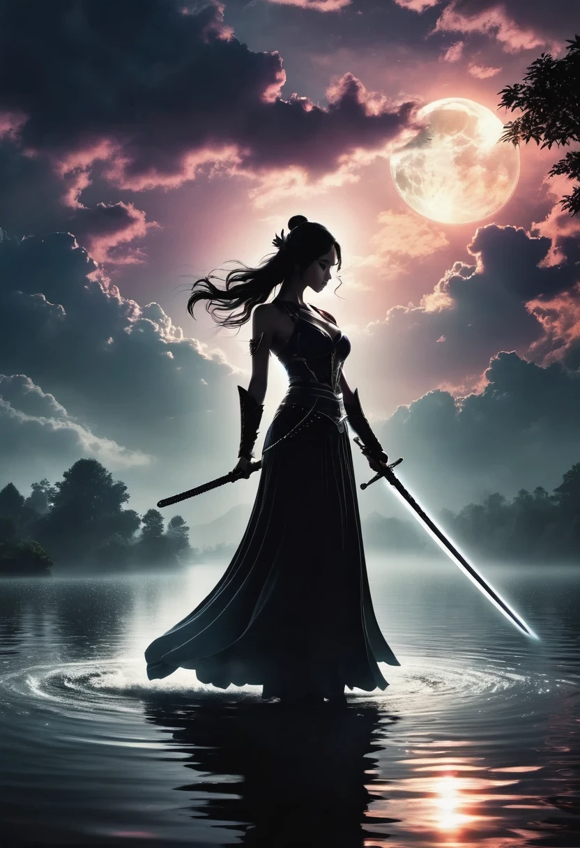 (Heroine dancing sword silhouette:1.5),glowing sword,(Combat stance，Strong dynamic stance:1.4),on the lake，high contrast, mysterious atmosphere,，cloud，smokes，lotus，lotus leaf，ripple，(water splash;1.4)，moonlight，swordsman，effort，(Tyndall effect:1.8)，visible light，Holy Light，top light，photon mapping，Radiosity，Physically based rendering，