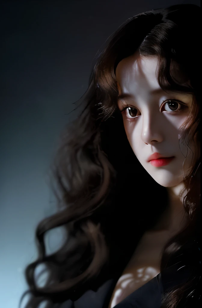 a beautiful detective,Sherlock Holmes style clothing,mystery、sexy、Long curly hair,Upper body close-up,side light,Facial light and dark contrast,Background dark studio effect