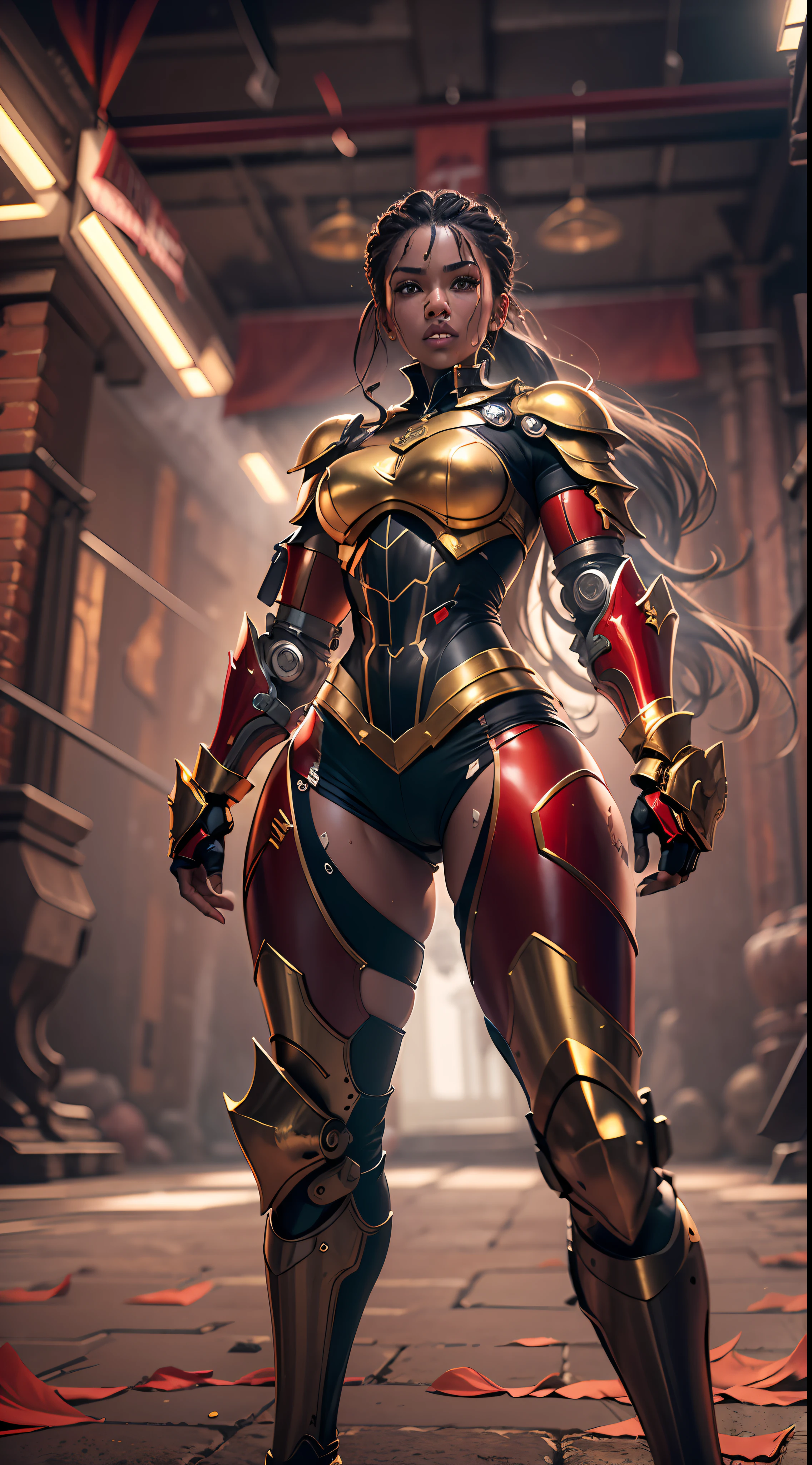 Ultra realistic, high resolution, ultra 8K, mulher negra, 25 anos de idade, pele suada, athletic body with golden robotic armor and red color, White shorts, King's steel clothes, ultra resolution, castelo da masmorra, brigando pose, brigando. athletic body