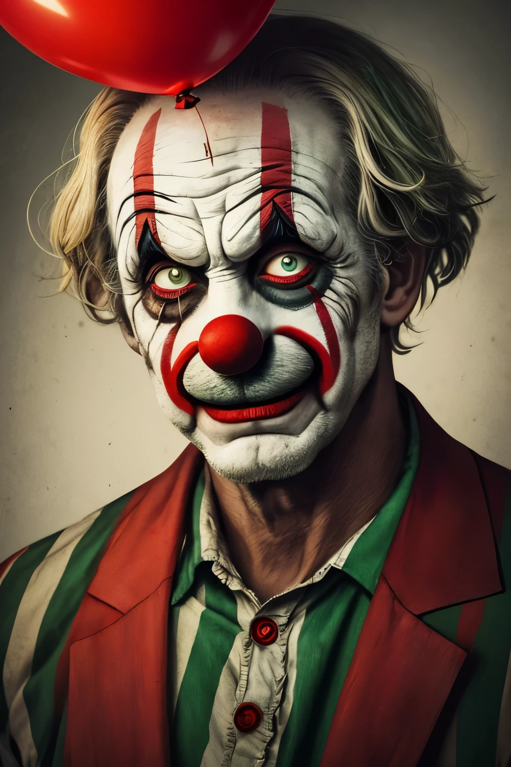 Create a captivating visual representation of a sad and gloomy clown in a high definition 4k painting. Emphasize the melancholic expressions that crease his painted-on smile, through deep wrinkles and sagging features. His large, expressive eyes are filled with sorrow, and his unkempt, disheveled red and green striped clothing adds to the overall sadness of the image. The clown's pale and weathered face, with the cracked and peeling painted clown makeup, highlights his desolation. His balloon, once filled with joy and childlike wonder, is now deflated, hanging limply beside him. The background is a dimly lit circus