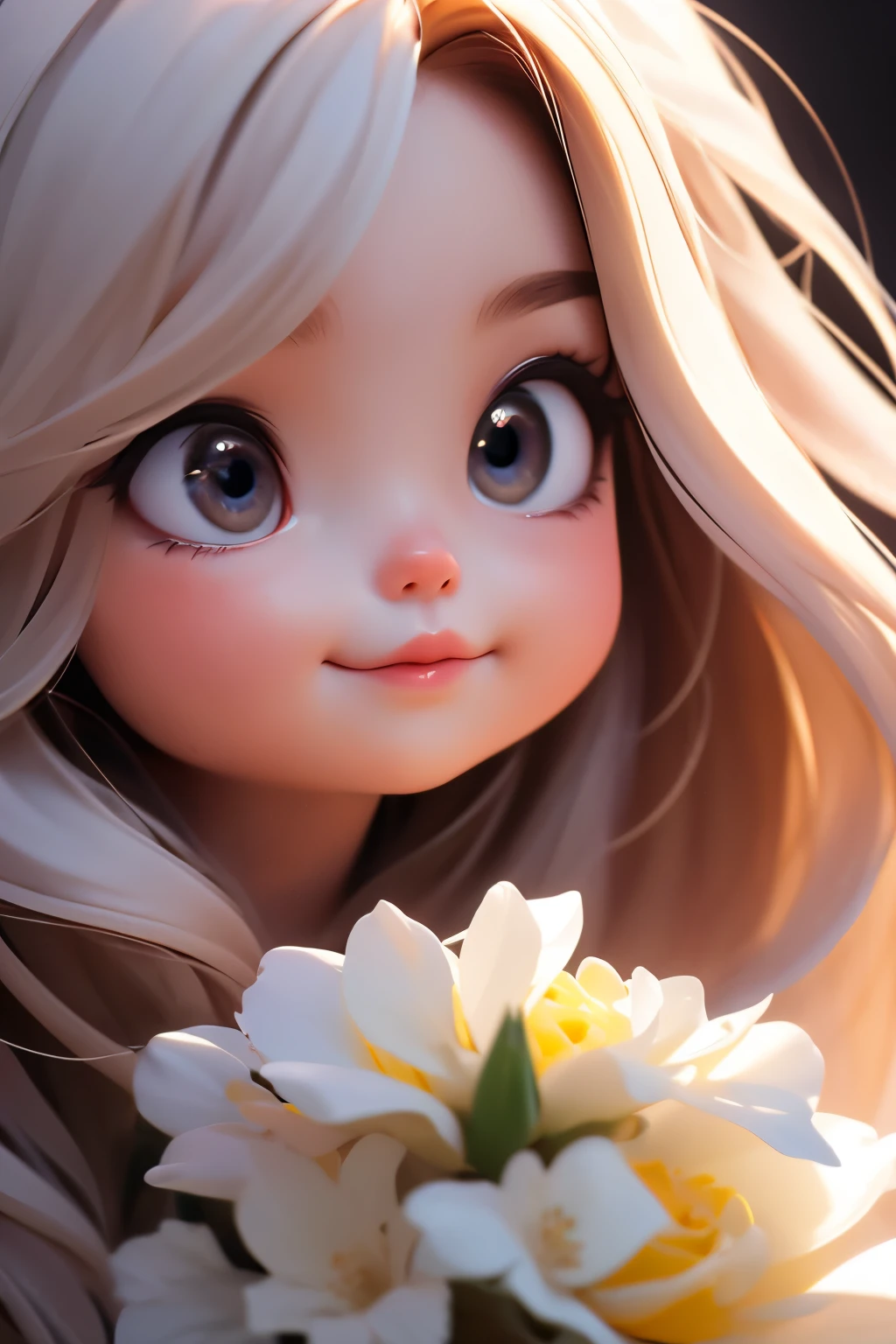 Chibi girl smelling the scent of rose flowers、Jewel-like eyes、Take a super close-up shot of lips from the side、smile