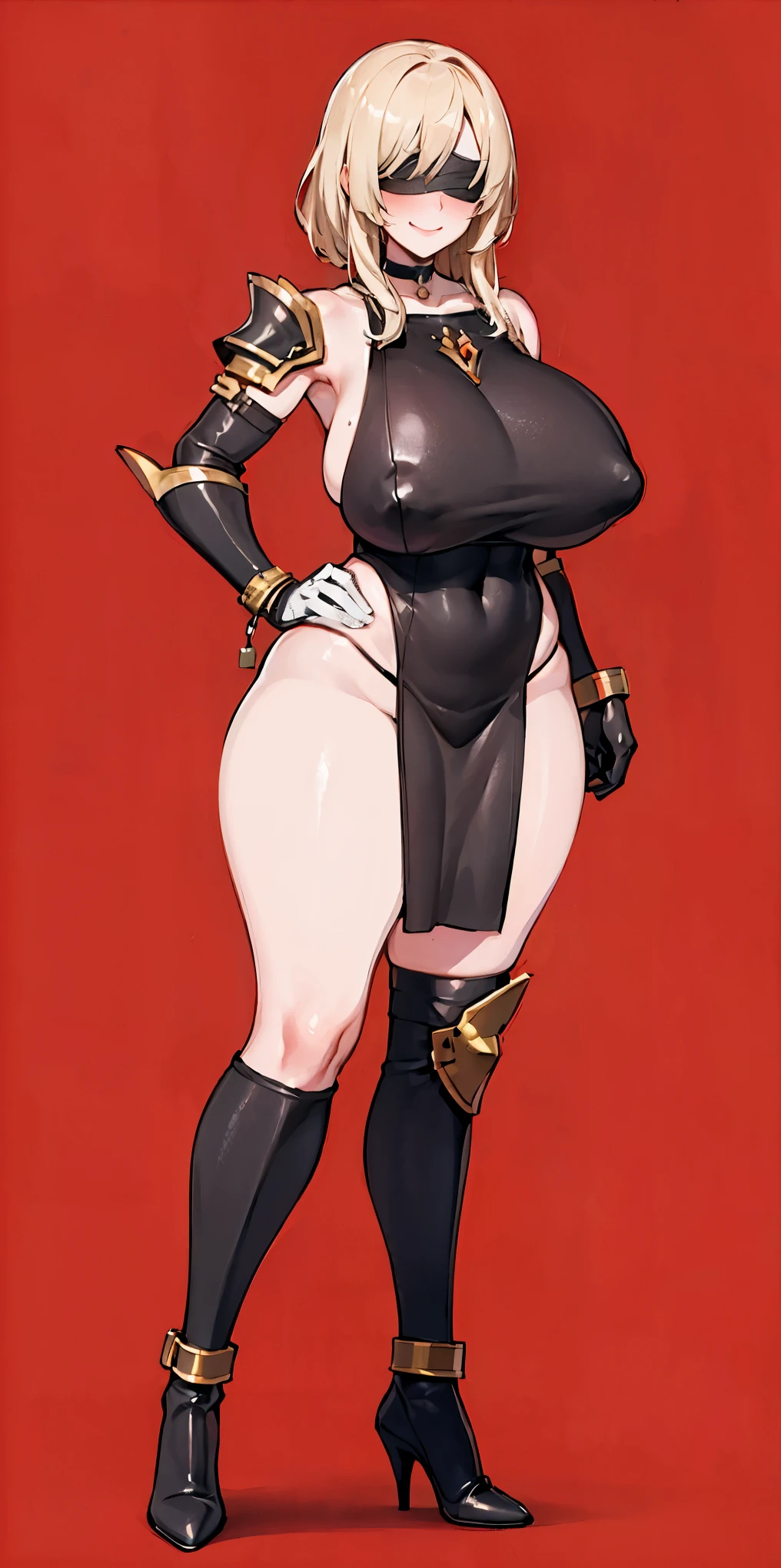 ((RED BACKGROUND)) Female full body standing straight symmetrical, looking at viewer, golden (skin, breastplate, choker, bracers, handcuffs, shackles, high heels), lustful smirking smile face red blushed red cheeks, hands (clenching) on hips, shoulder armor, faulds, poleyn, gloves, gauntlets, blindfolded golden cloth, lustful smirking smile face red blushed, red cheeks