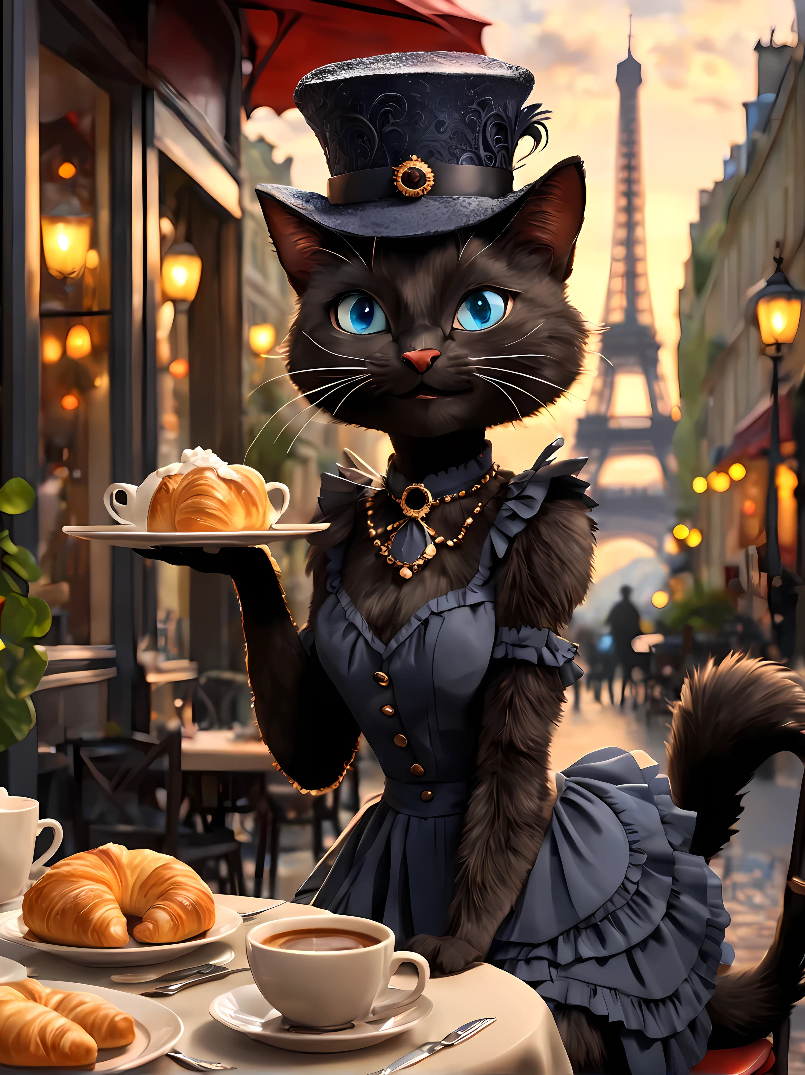 Pixel art, design a captivating image of a charming ((anthropomorphic)) black cat elegantly seated at a small bistro table with an arrangement of croissants and a steaming cup of rich coffee, wearing a (fashionable) dress, a whimsical feathered hat, cozy café setting, exuding a warm and inviting ambiance, romantic Parisian atmosphere, soft ambient lighting. | The silhouette of the Eiffel Tower in the far distance. | Vivid blue eyes, sparkling, (smiling directly at the viewer), ((epic)). | ((More_Detail))