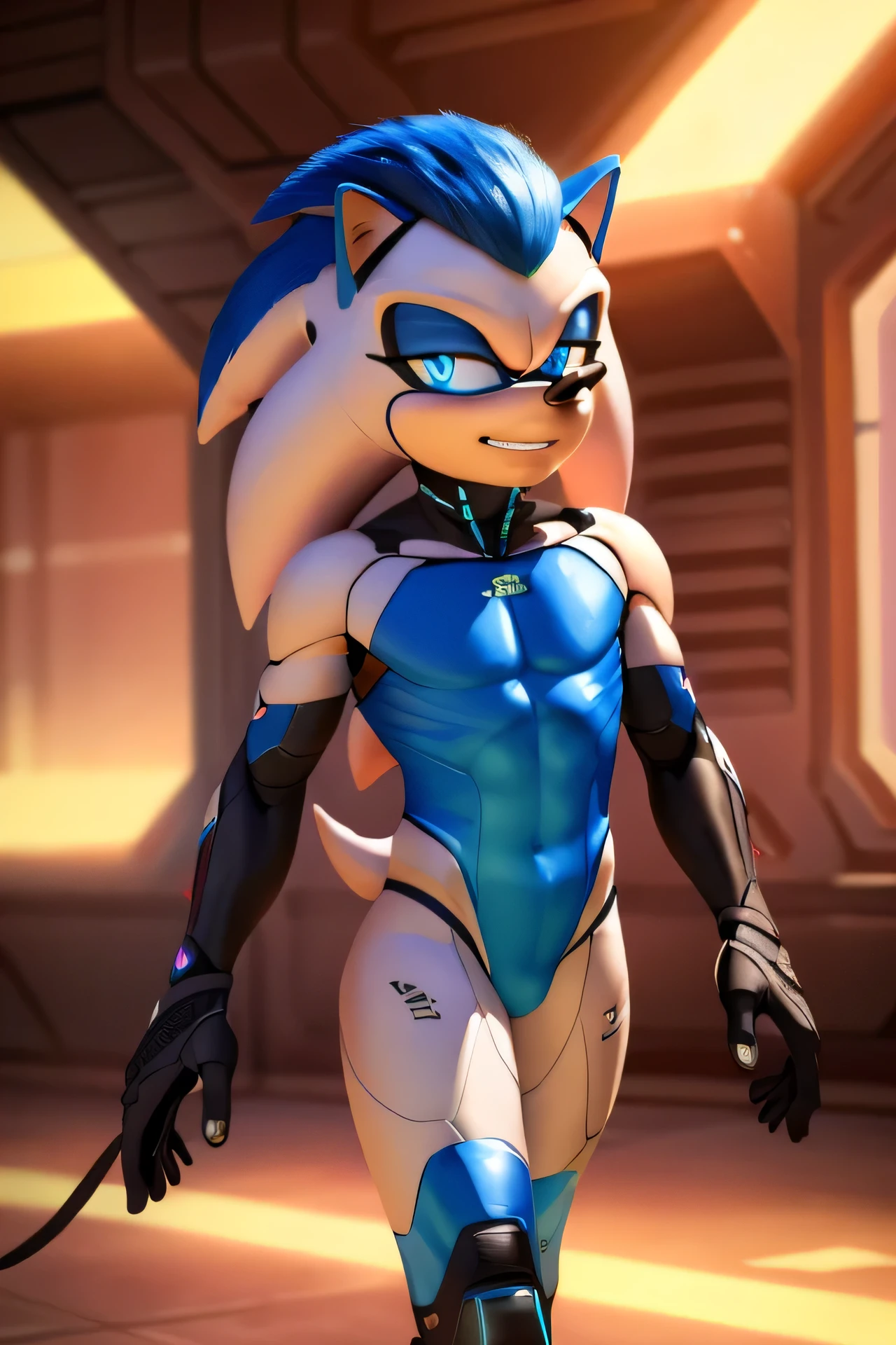 ((male)) twink, anthro android ((hedgehog)), with glowing blue eyes, white muzzle, wearing a sci-fi bodysuit stands in a futuristic landscape. The android's bodysuit is adorned with ((blue, black and white coloring))), and intricate android seams, creating a futuristic look. the android has a seductive smirk on his face