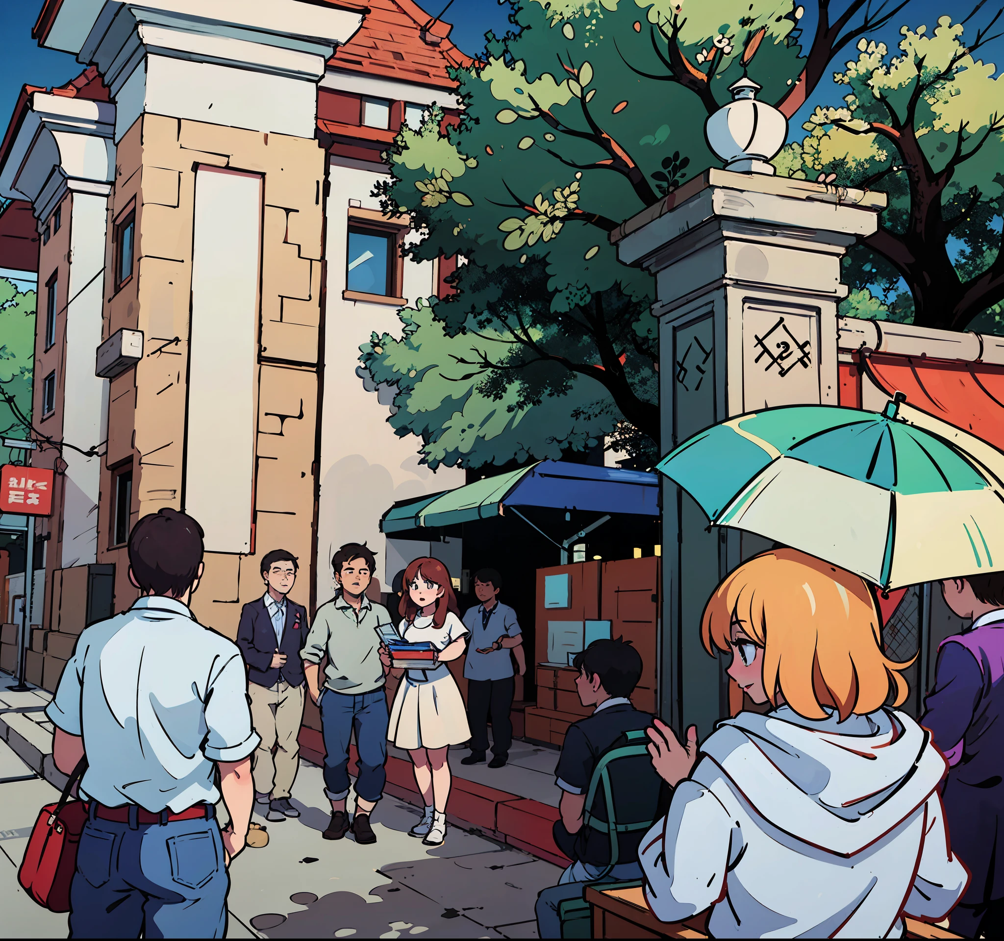 Comics,Three people are taking a group photo at the school gate,Books in hand