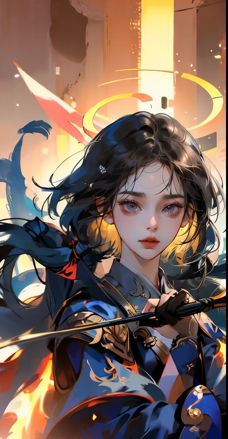 (Best Quality, 8k, Masterpiece :1.3), handsome young man with perfect figure and long hair :1.4, Zhong Li, Zhongli, Dark brown hair, inflated chest, genshin impact, on ruins, in the hands of a spear, Very detailed face and skin, Detailed eyes, Double eyelid