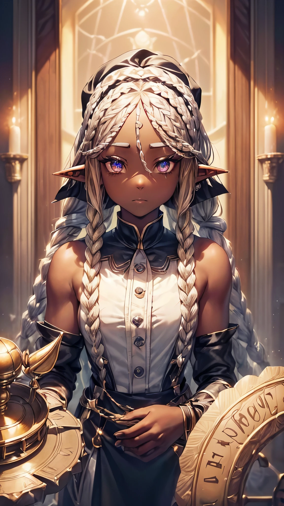 ((black skin maid elf) ((Cornrow Hair Short Dreadlocks)) (in the magic laboratory), (solo:1.3 blonde hair long hair detailed elf woman, 1000 yo, cute silver eyes), (Crossing one’s arms), in a maid clothes, break, perfect anatomy, masterpiece:1.2, best quality, 8k, beautiful detailed grow, daydreaming expression.