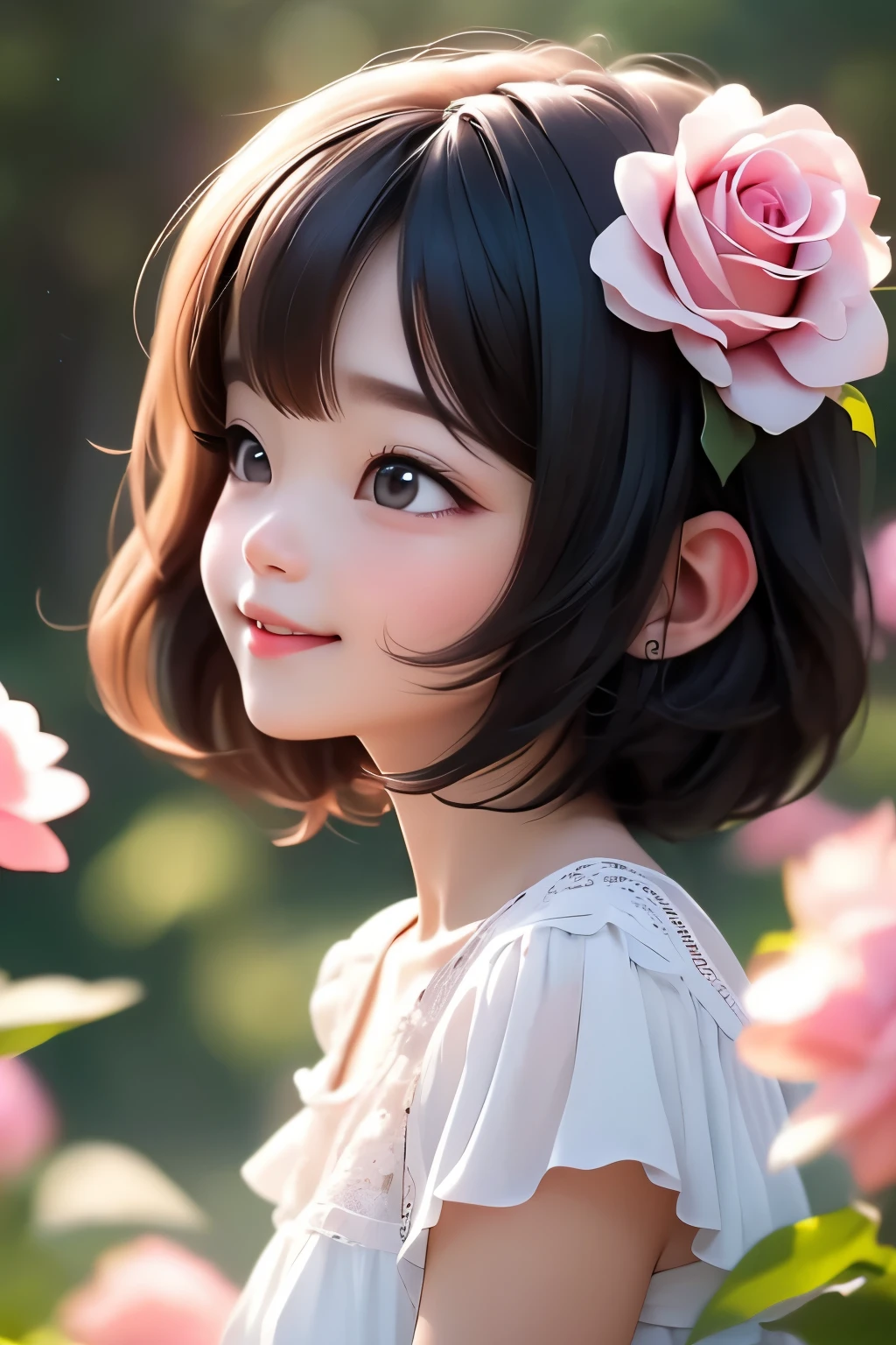 Chibi girl smelling the scent of rose flowers、Jewel-like eyes、Take a super close-up shot of lips from the side、smile