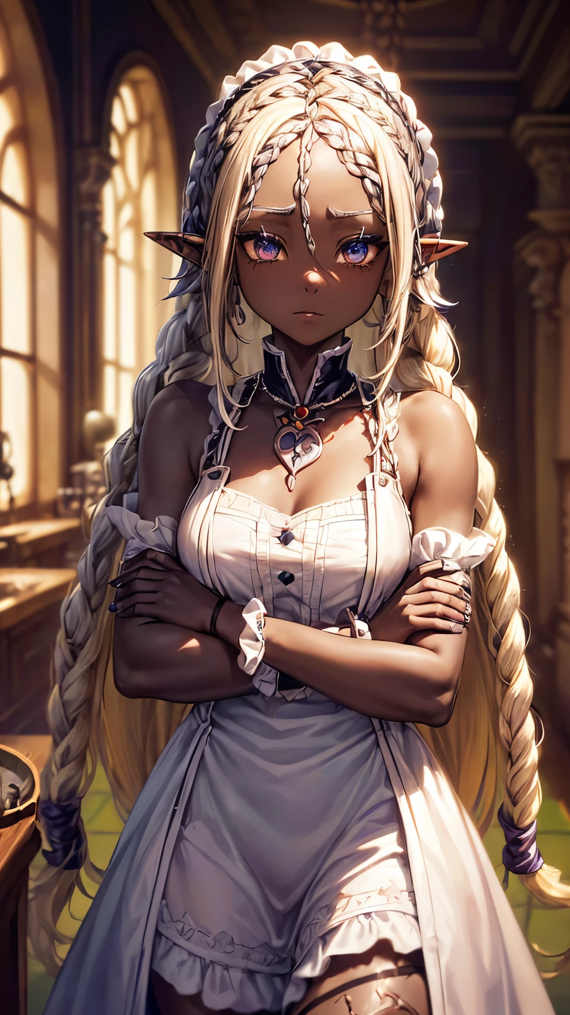 ((black skin maid elf) ((Cornrow Hair Short Dreadlocks)) (in the magic laboratory), (solo:1.3 blonde hair long hair detailed elf woman, 1000 yo, cute silver eyes), (Crossing one’s arms), in a maid clothes, break, perfect anatomy, masterpiece:1.2, best quality, 8k, beautiful detailed grow, daydreaming expression.