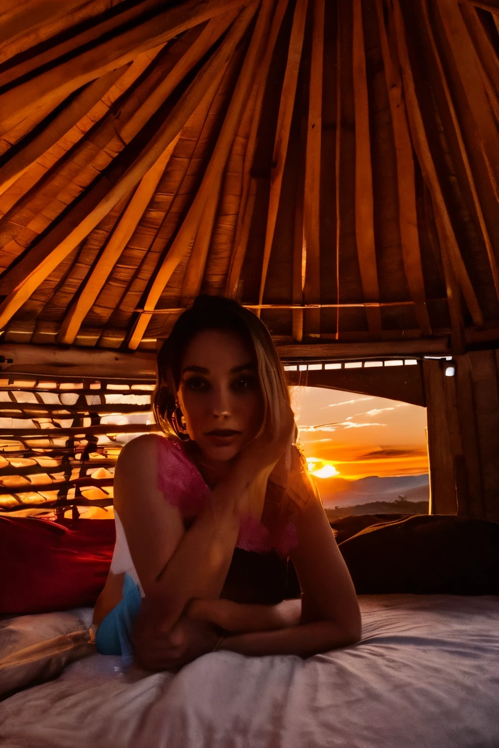 raw photo, one picture in a roll, she looks to camera, takes your hand, embracing you, ASMR tingles, she is loving and calming, bringing you into the warmth of the yurt, into the sunset light, sun set orange, pink, violet, aqua, paynes grey, cumulus, soft and warn into her world
