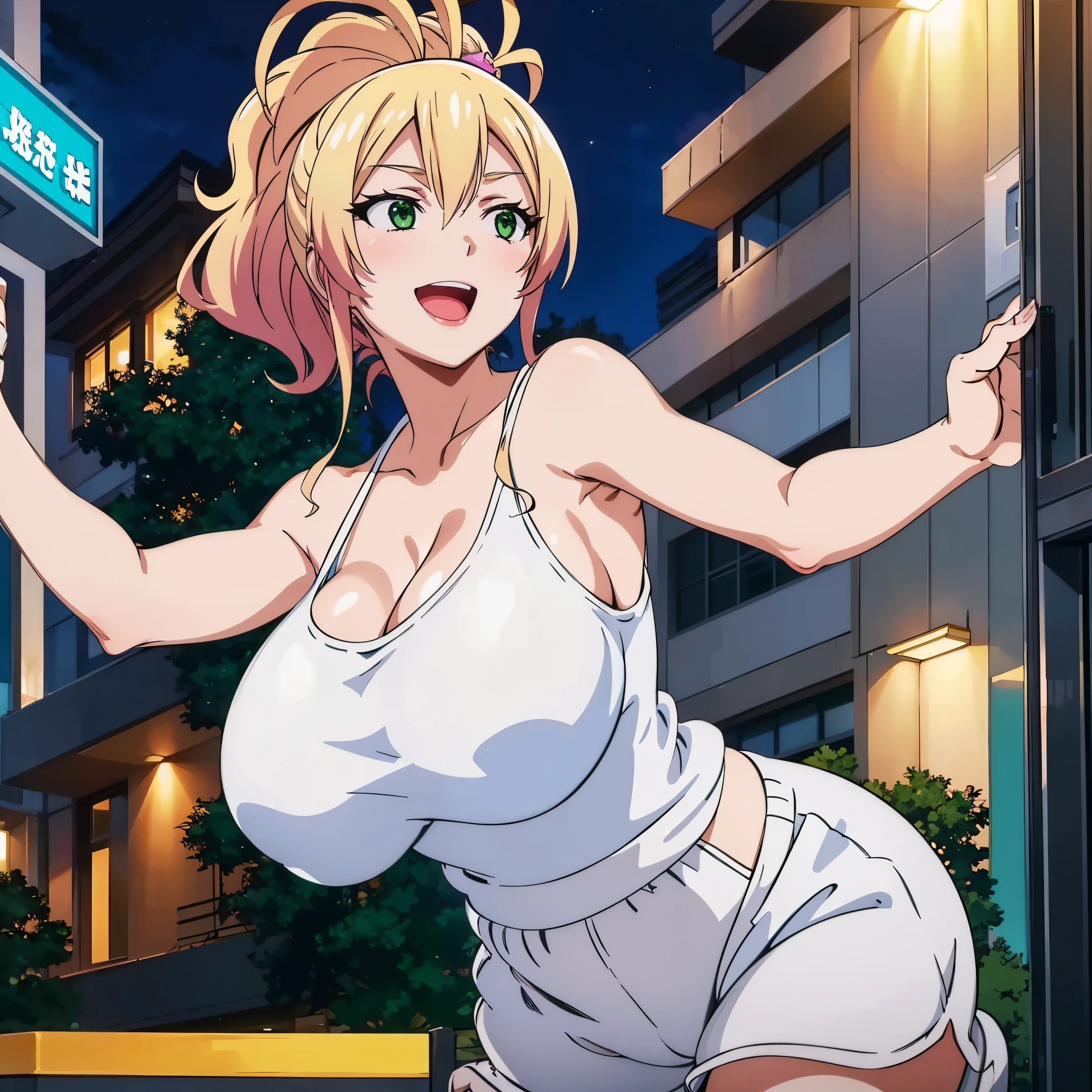 1women, solo, ((nude)), ((huge tits)),  slim waist, outdoor, night city, ((busty)), blonde hair, green eyes, ponytail hair, smile, white tank top, short pants, open mouth, view at camera, cleavage