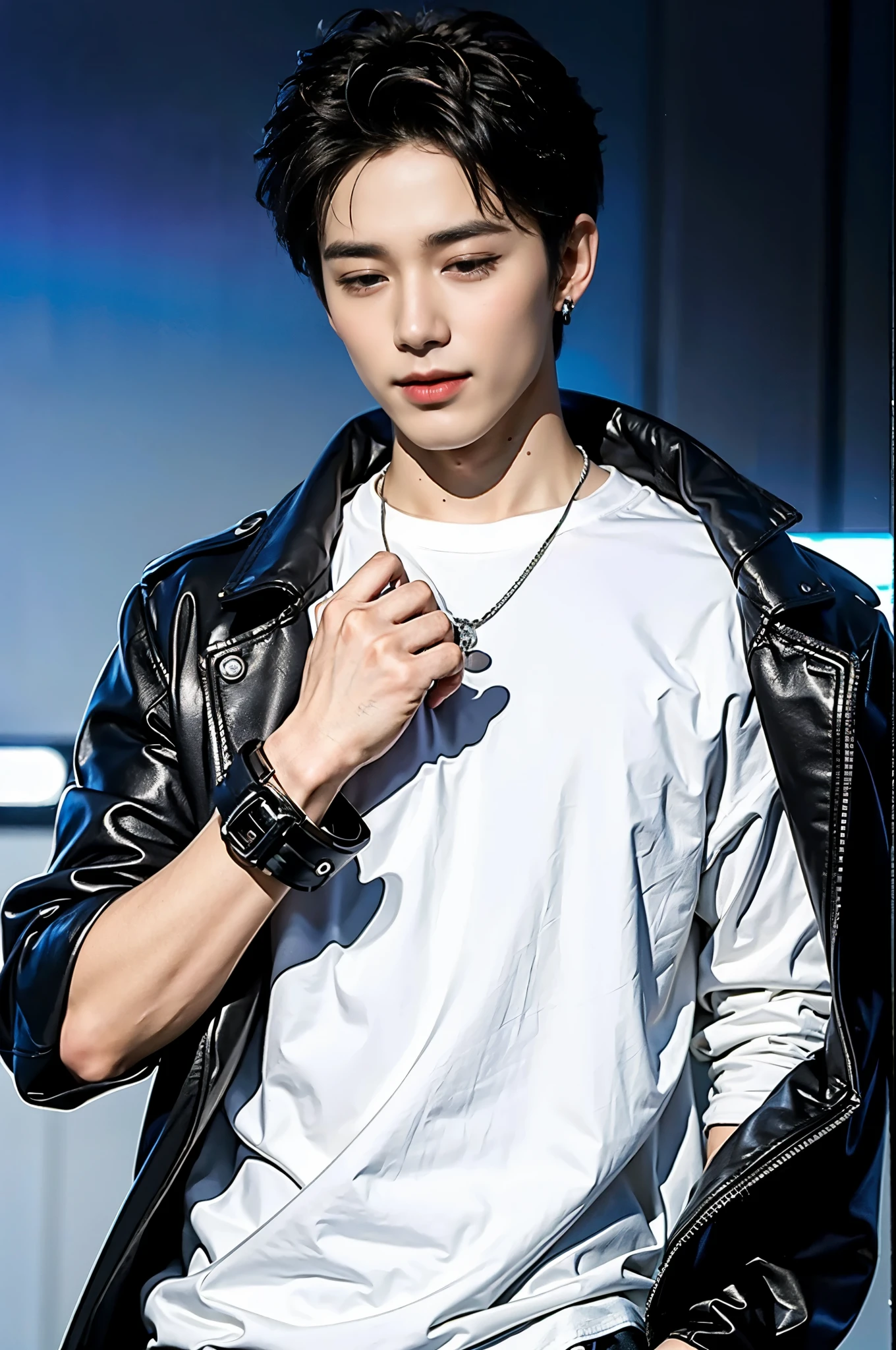((highest quality, 8k, masterpiece: 1.3))、cool korean men, 20 year old male、korean style long hair、sturdy face、handsome nose、detailed eyes and face、High resolution、Mouth Details、thin mouth、,smile、whole body: 1.5, perfect body shape: 1.photo of both shoulders:1.3, He is wearing a white T-shirt and a casual black coat.。:1.5, accessories earrings, necklace, mens rings, mens watches),solo,stand up straight,breast enhancement,close your eyes completely,close eyelids,
