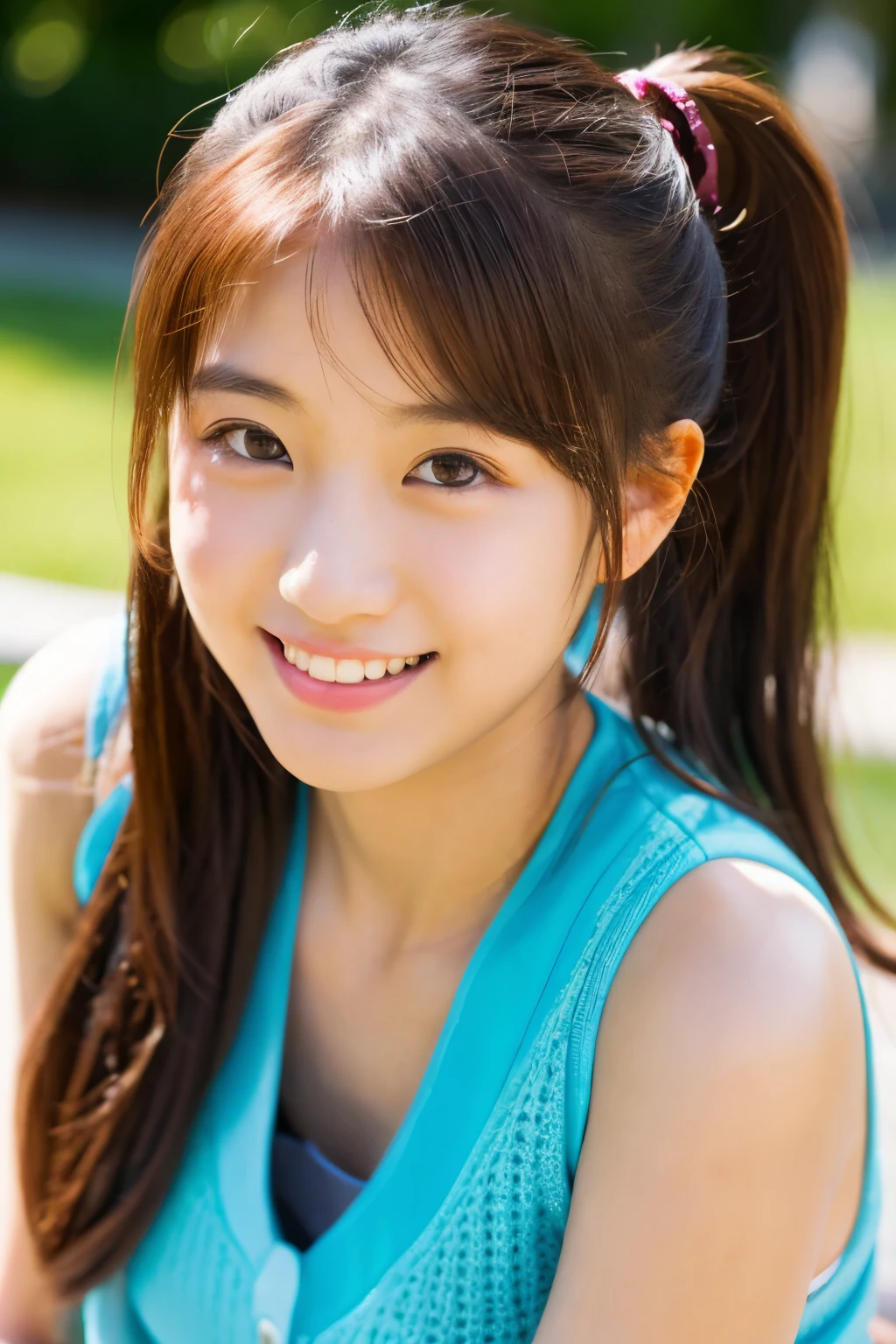 Lens 135mm f1.8, (highest quality),(RAW photo), (table top:1.1), (Beautiful 14 year old Japanese girl), cute face, (deeply carved face:0.7), (freckles:0.6), dappled sunlight, dramatic lighting, (On campus), shy, ponytail, (Close-up shots of:1.2), (smile),, (sparkling eyes)、(sunlight), (nipple)
