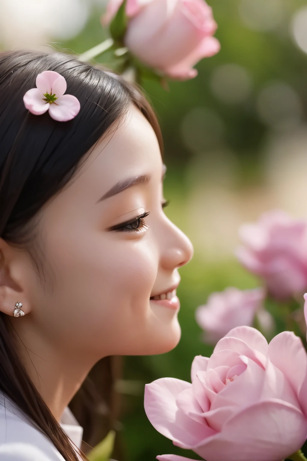 Chibi girl smelling the scent of rose flowers、Jewel-like eyes、Take a super close-up shot of lips from the side、smile