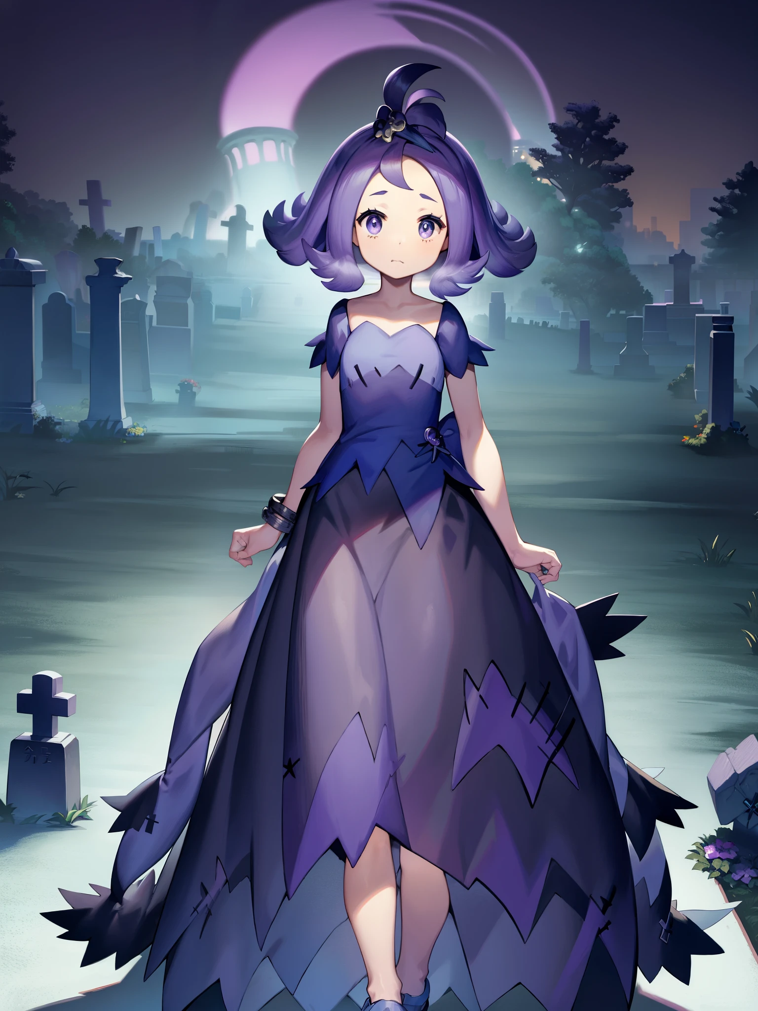 Pokémon、cemetery、ruins、ghost town、acerola、ghost type captain、hair clip、short purple hair、Ahoge、The clothing is designed to look like a patchwork of black and purple cloth.、short sleeve、Golden Bangles、sandals、Descendant of the ancient Alola dynasty、Cat mouth、Happy、cat mouse、BREAK outdoors、cemetery、at night、dark、fog、