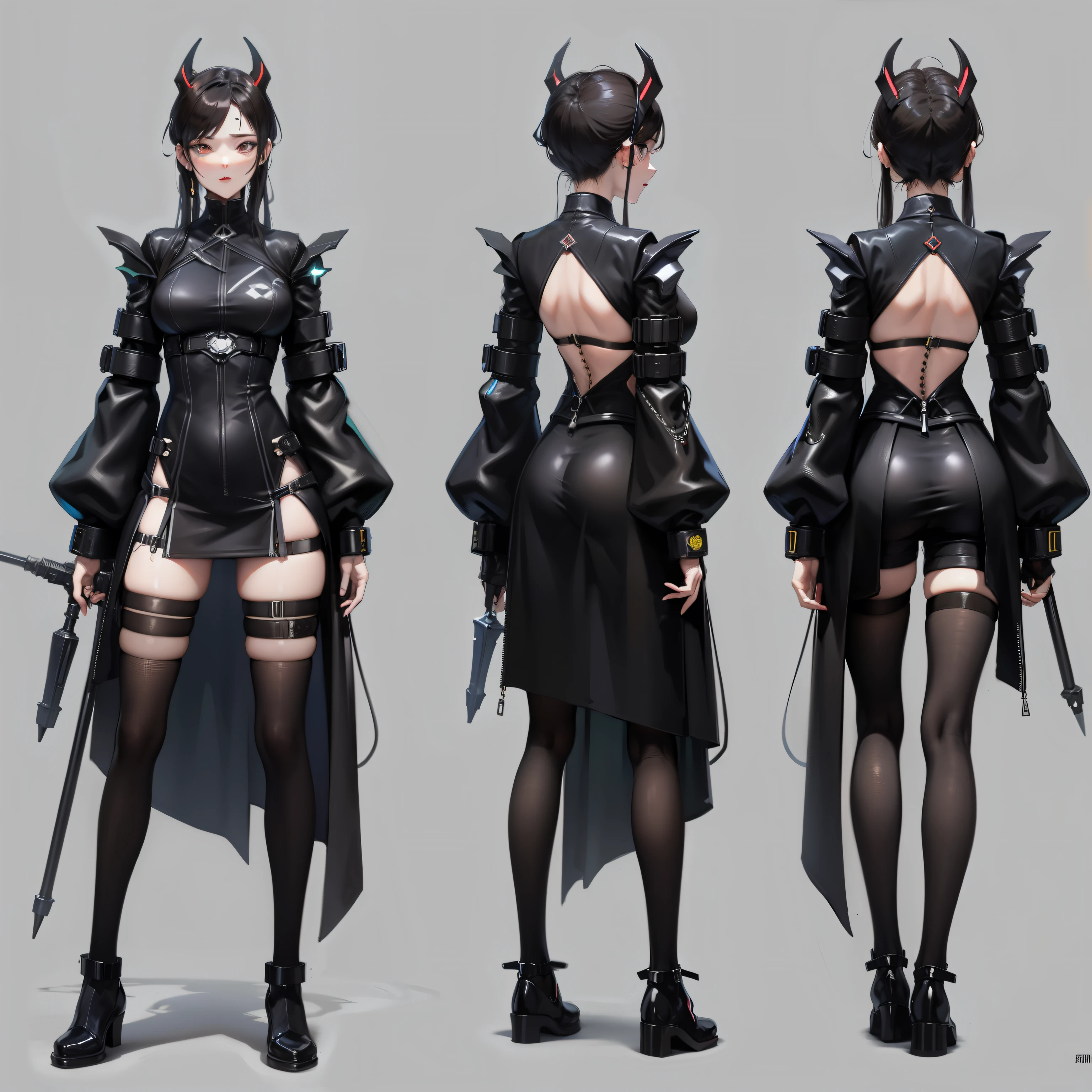 Cyberpunk adventure game female characters, whole body, (Holding a giant mechanical cross staff, mechanical prosthesis,)character design sheet, same characters, fallback-v4-3:2 air, (black eye stone, Devil short horn), Detailed face and body, futuristic clothing , High quality rendering.Three View,((Front view,side view,Rear view))