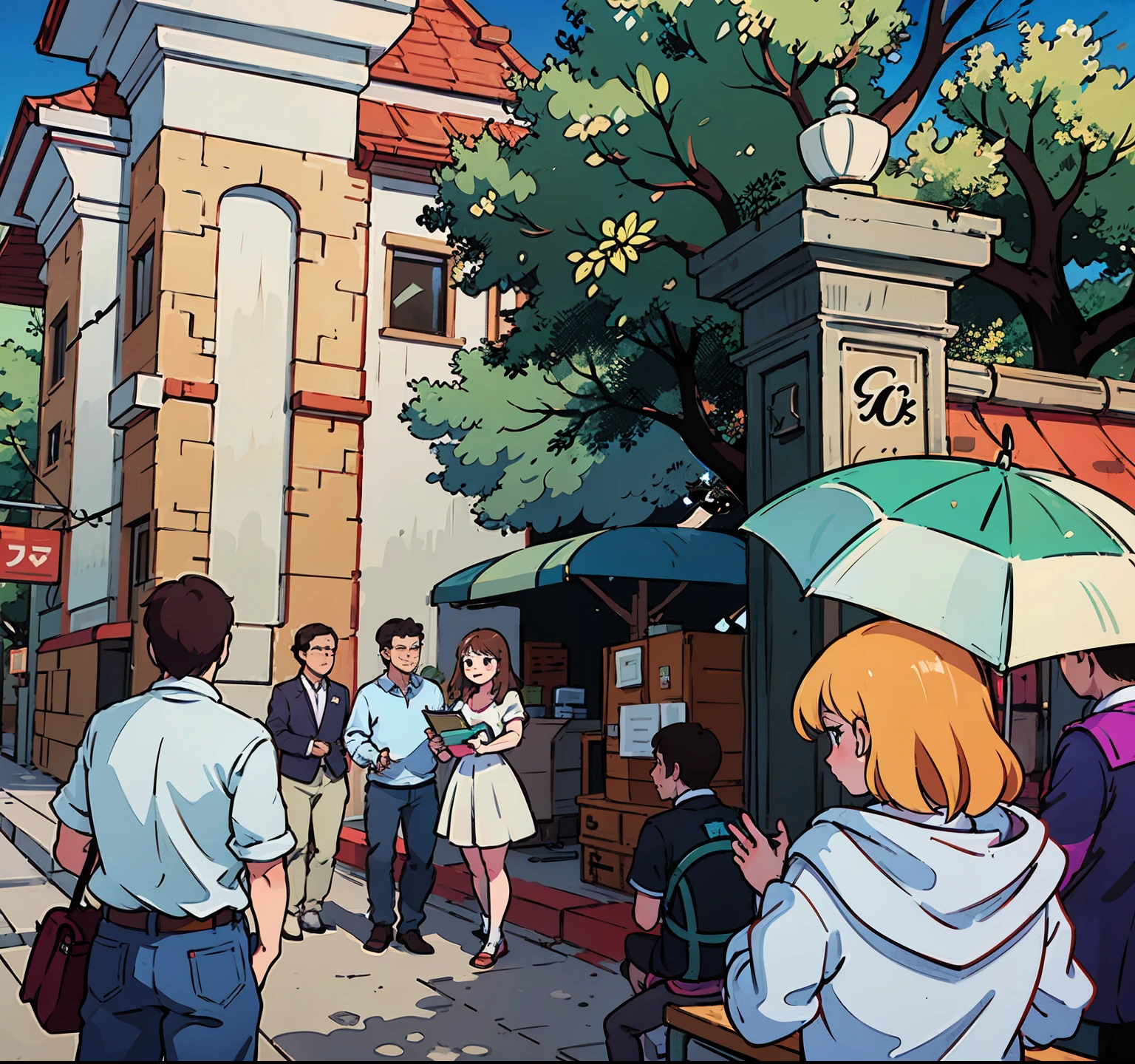 Comics，Three people are taking a group photo at the school gate，Books in hand
