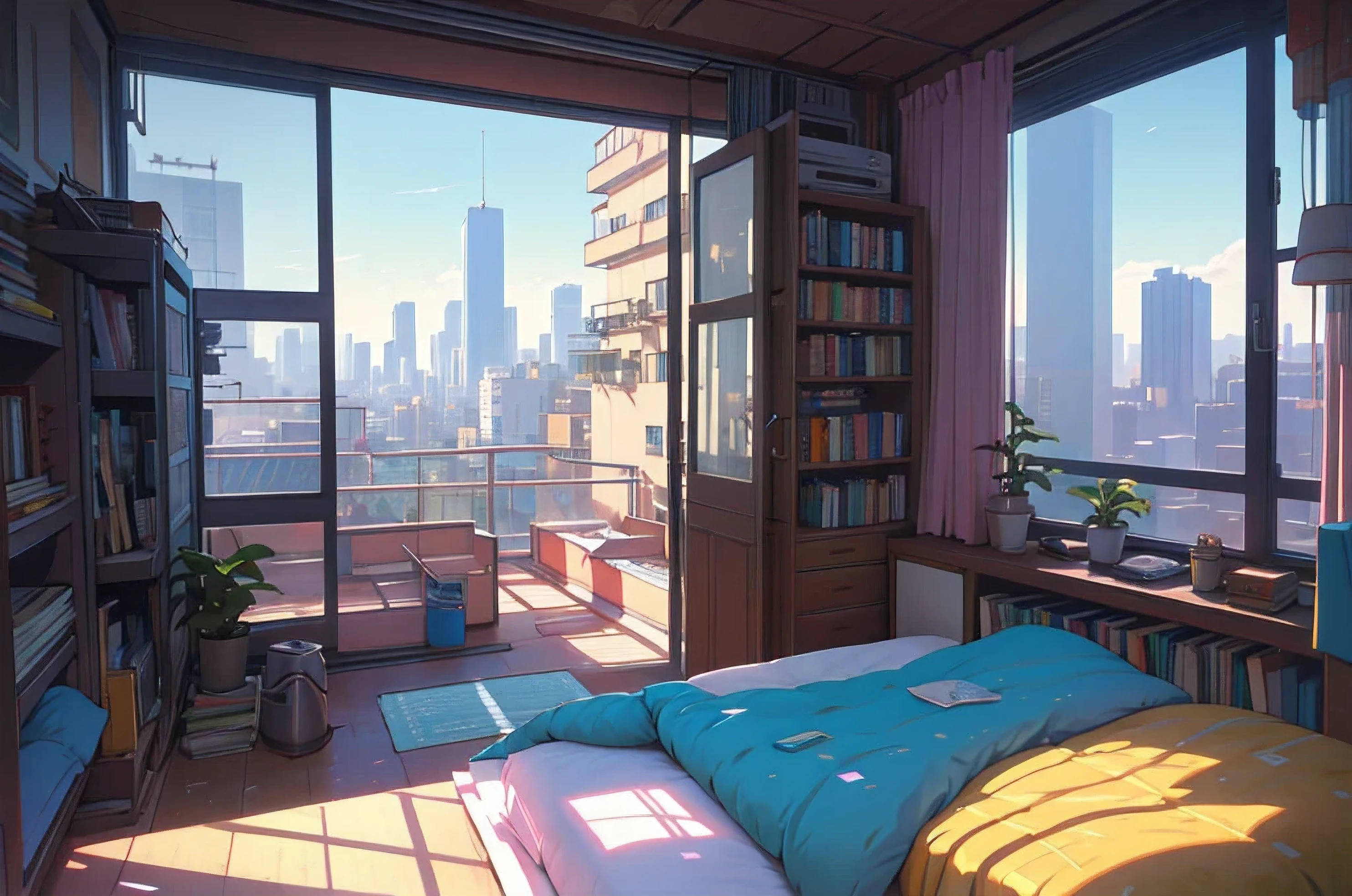 80s vibe, view of a big city from a bedroom window, ciberpunk, lofi, room with books and tidy bed, lots of details, 8k, detailed images, best quality