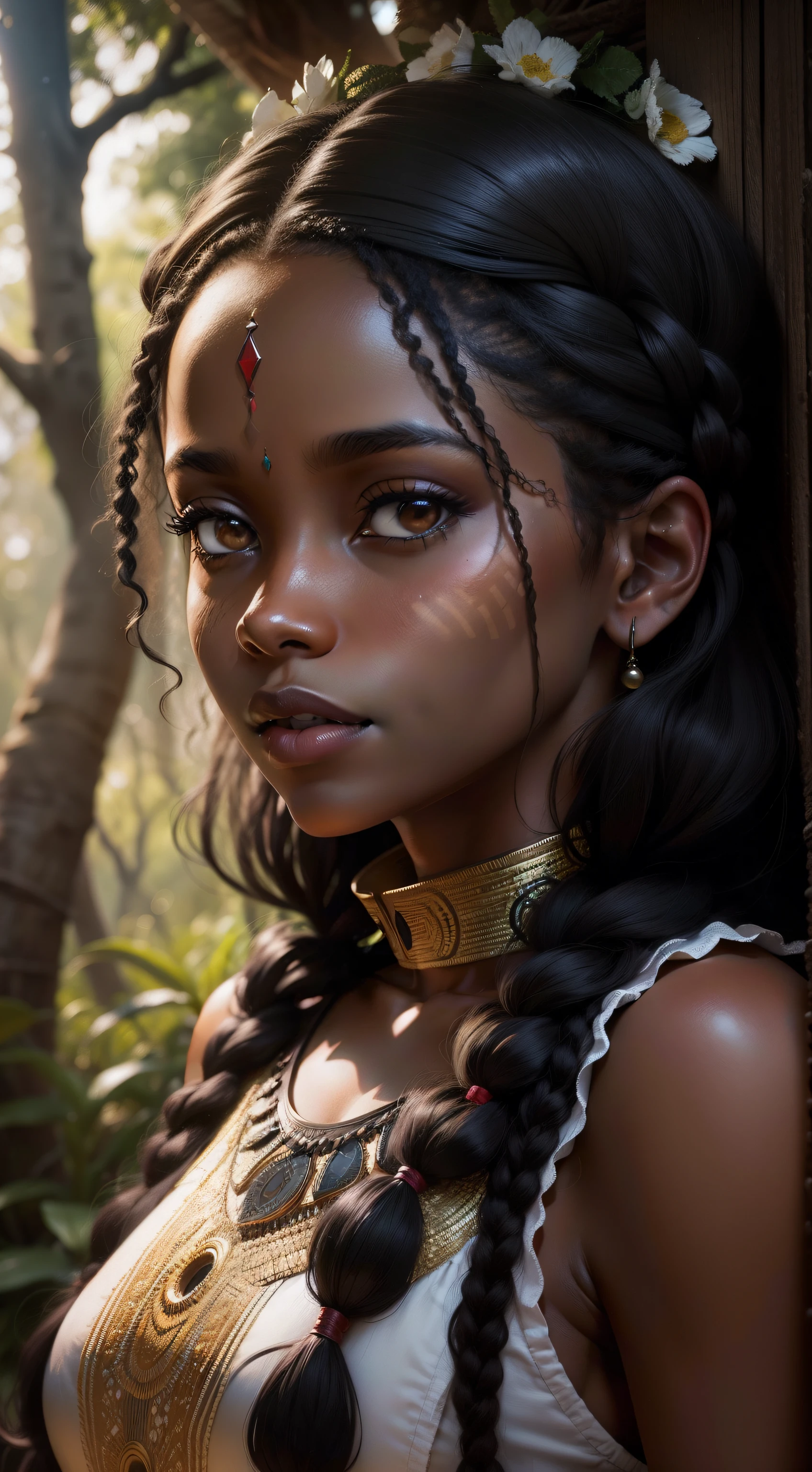 retrato de uma mulher negra africana na floresta em, dark facial features, nariz comprido, labios carnudos, Dancing at the Bonfire, Cinematic, Lente de 35 mm, f/1.8, accent lighting, global lighting –uplight –v 4