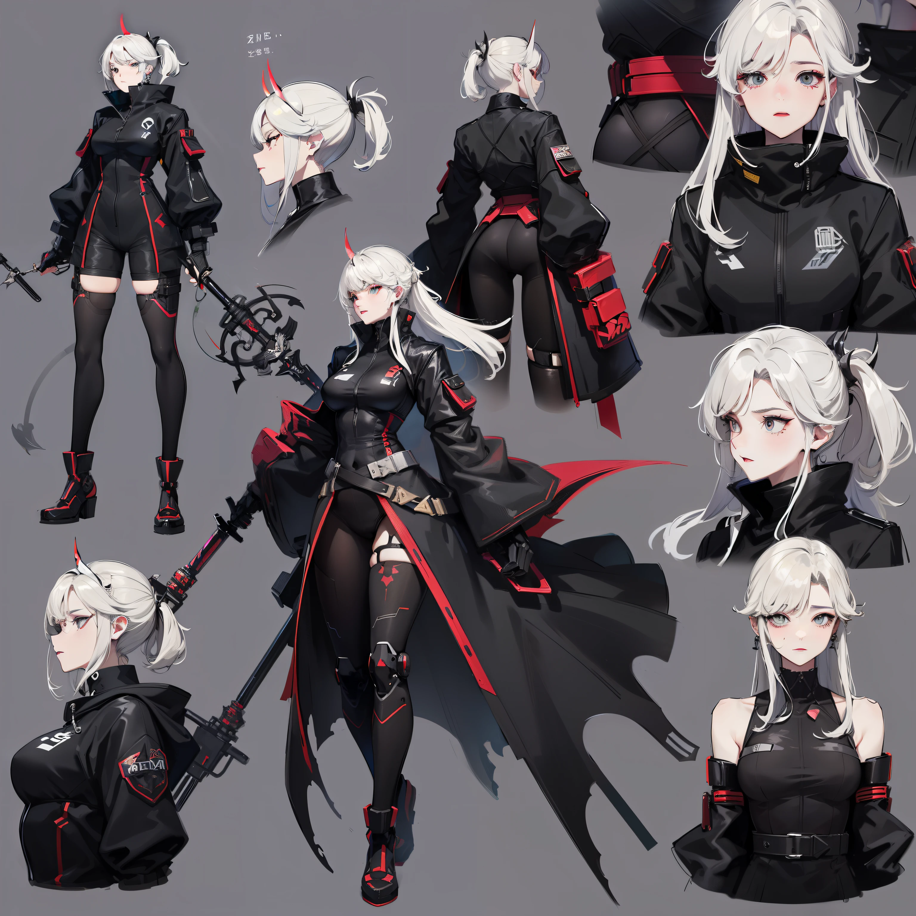 Cyberpunk adventure game female characters, whole body, (Holding a giant mechanical cross staff, mechanical prosthesis,)character design sheet, same characters, fallback-v4-3:2 air, (black eye stone, Devil short horn), Detailed face and body, futuristic clothing , High quality rendering.Three View,((Front view,side view,Rear view))