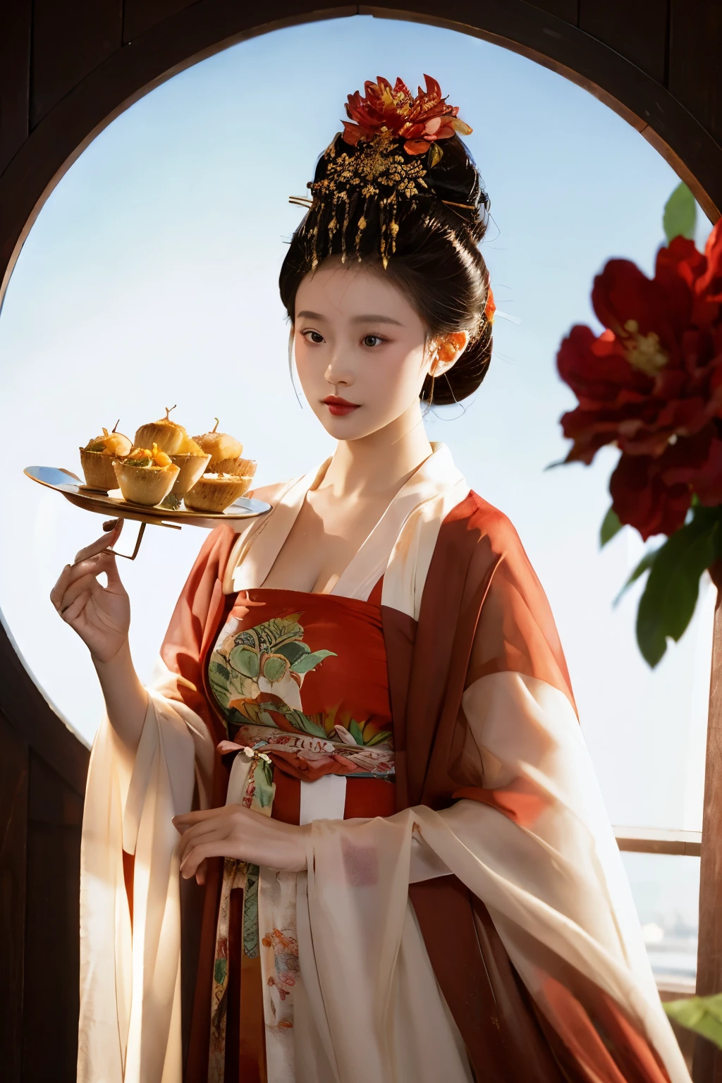 zanhua, best quality, masterpiece, 1 girl,Upper body, holding flower, Red flowers on the head, Wearing Hanfu, red and white colors, see-through outfit, view viewer, bird, flower, black hair, ((莲flower)), alone, hair accessories, water, reflection, sunlight, movie lighting,reality,photo,Egg tarts,Roasted wings,Fried chicken thighs,food plate