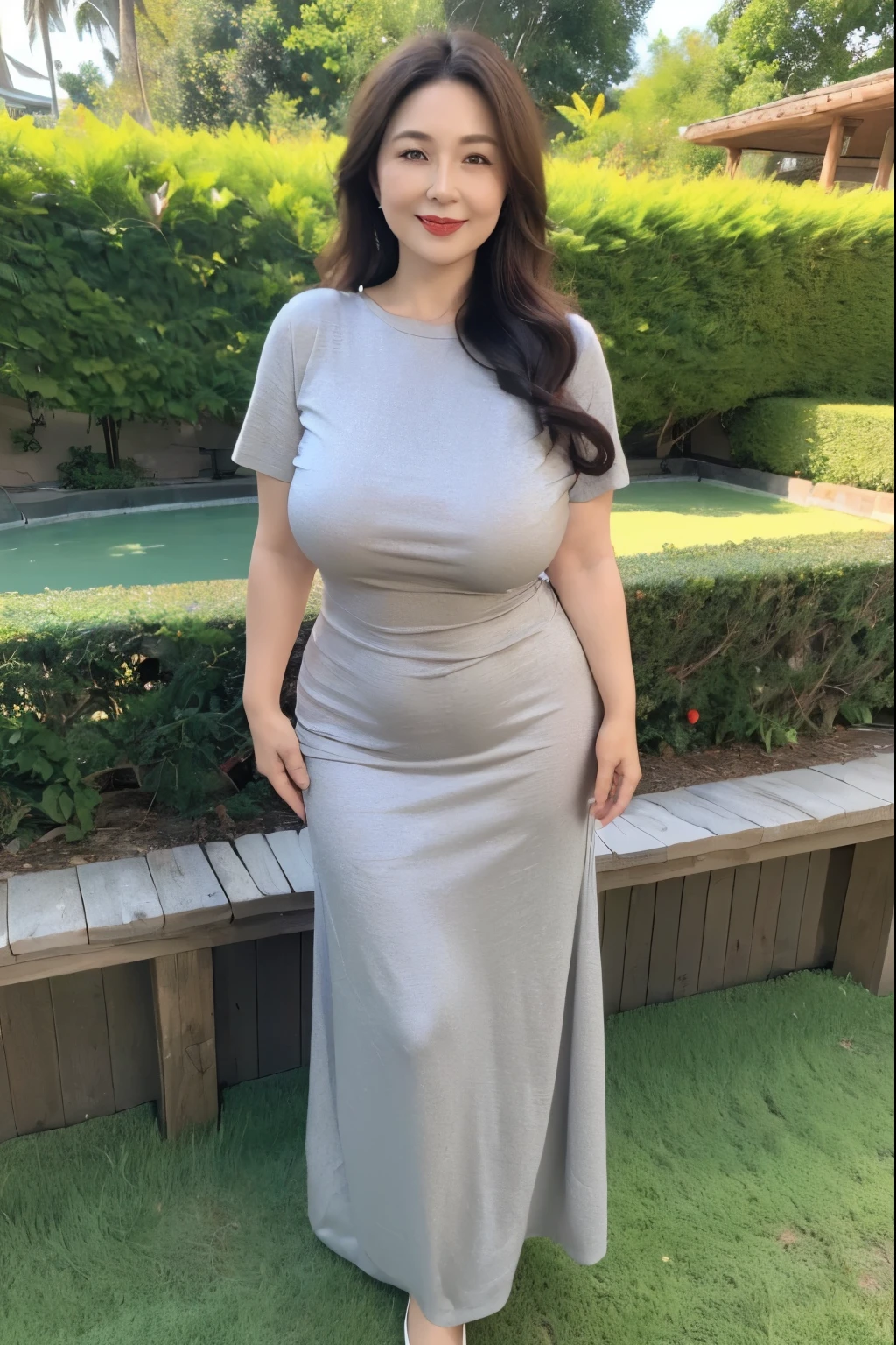 ((top quality、8k、masterpiece:1.3))、sharp focus, High level of image quality, high resolution,,Grey crewneck dress,short sleeve,37-year-old woman with long wavy hair,Mature,charming smile,Draw lips correctly, red lipstick,stand,Slightly fat,Big breasts,garden background,full-body shot
