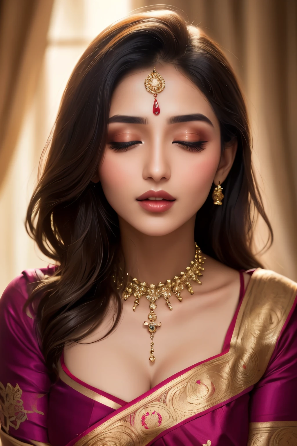 (sensual,alluring:1.2), A seductive woman captivating in a stunning saree, vivid colors, ultra-detailed, intricate patterns, elegant folds, beautifully embellished edges, flowing fabric, graceful drapes, intricate embroidery, ornate accessories, mesmerizing eye makeup, striking pose, perfect lighting, fine art painting style