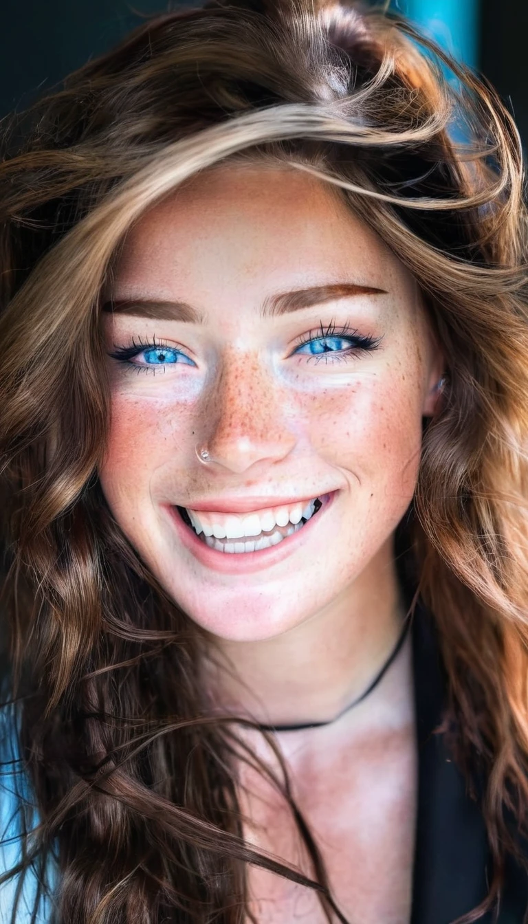 beautiful lady, (freckles), big smile, blue eyes, long hair, dark makeup, hyperdetailed photography, soft light,  head and shoulders portrait, cover