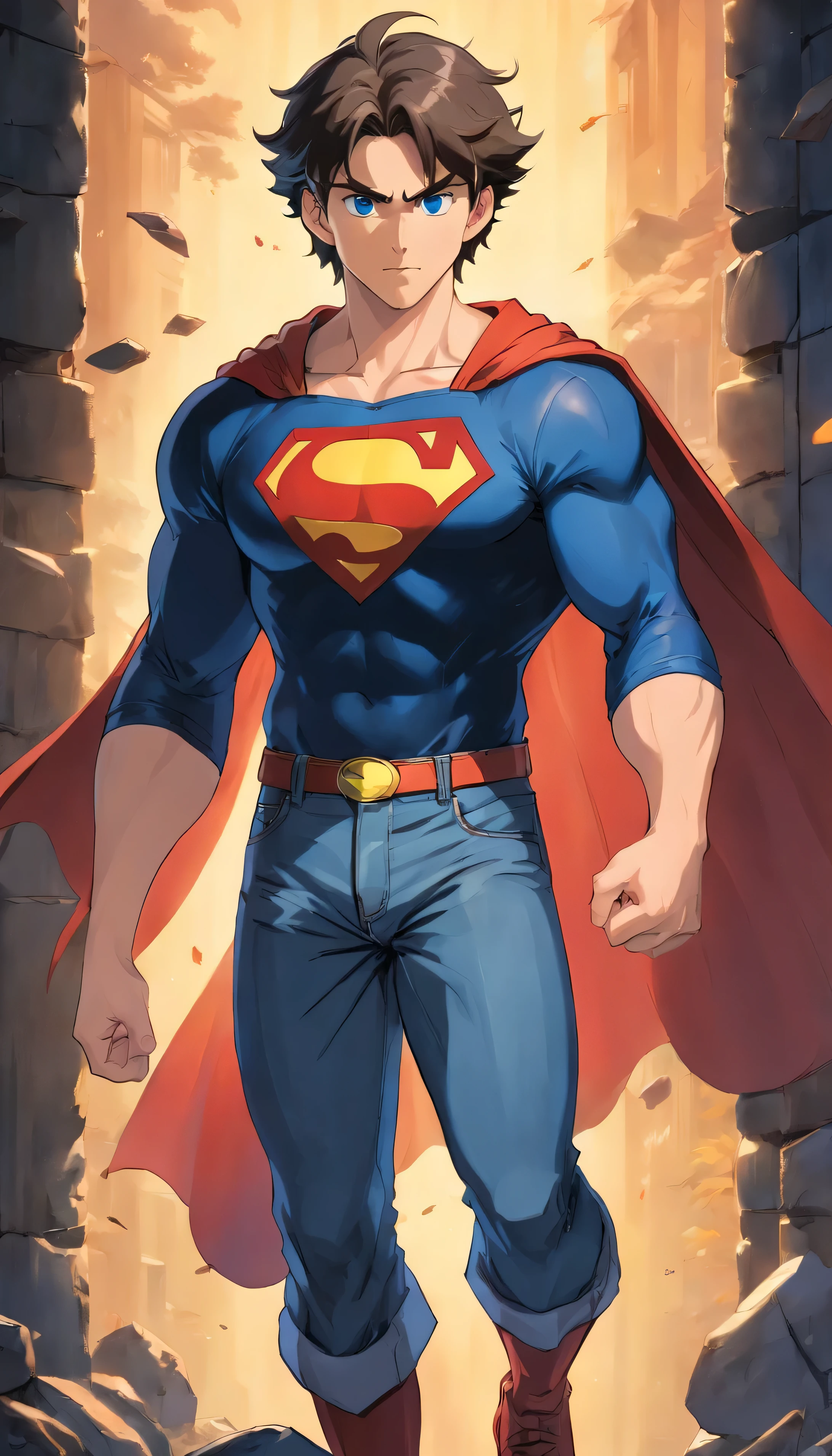 full body image, of a handsome male model, 18 years old, black shirt with superman symbol on the front, jean pants, no cape, without beard, with wavy hair, blue eyes, defined muscles, fit, ripped body, medium shot, ultra highest detailed face, darmatic lighting, dim light