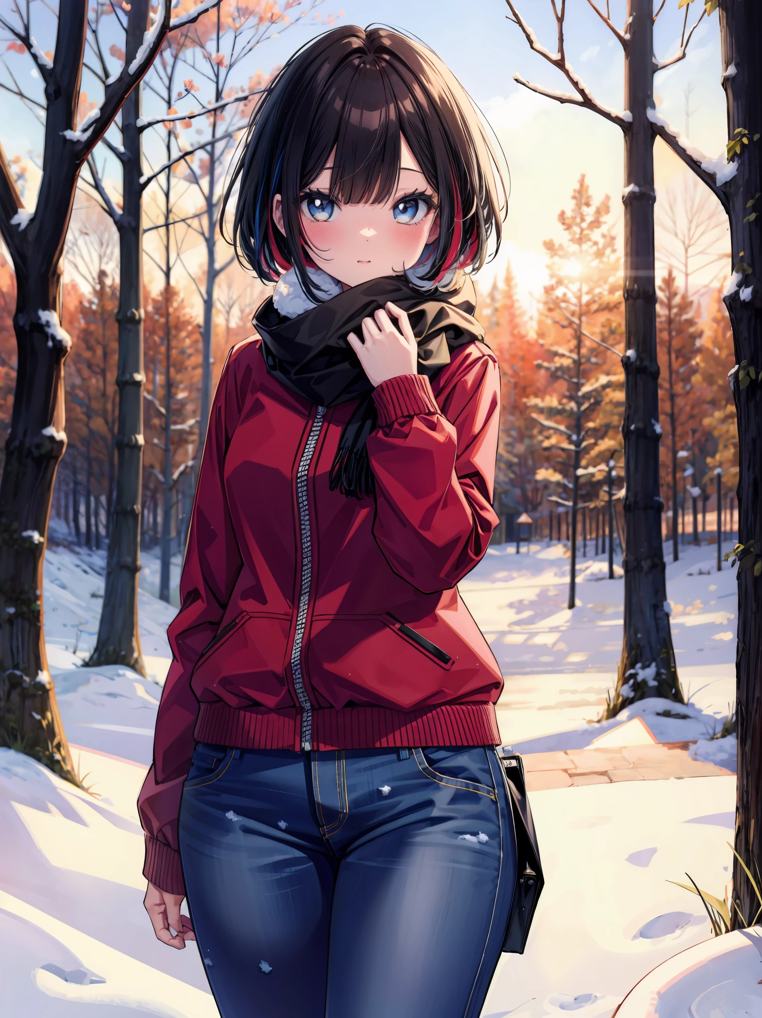 (cowboy shot), (best quality, ultra-high resolution, depth of field:1.2), solo, adult, 1woman, toned body, medium breasts, wide hips, black hair, streaked hair, short hair, bangs, upturned eyes, bright eyes, winter, warmly dressed (wearing a winter outfit), denim jeans, snowy forest scenery, sunset