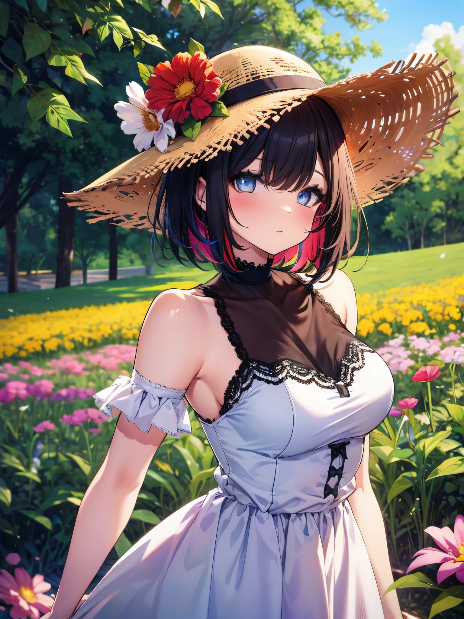 (cowboy shot), (best quality, ultra-high resolution, depth of field:1.2), adult, 1woman, toned body, medium breasts, wide hips, solo, black hair, streaked hair, short hair, bangs, upturned eyes, bright eyes, (wearing light blue summer dress), summer hat, flower field scenery, bored, serious expression