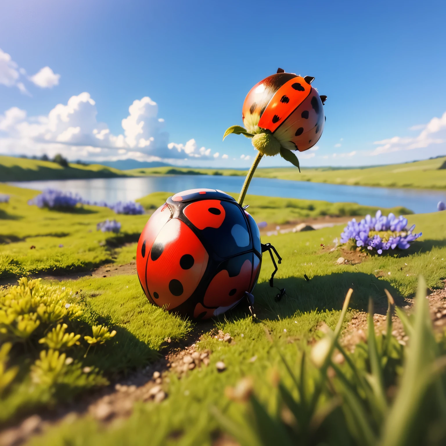 natural red ladybug on a meadow with flowers under a blue sky