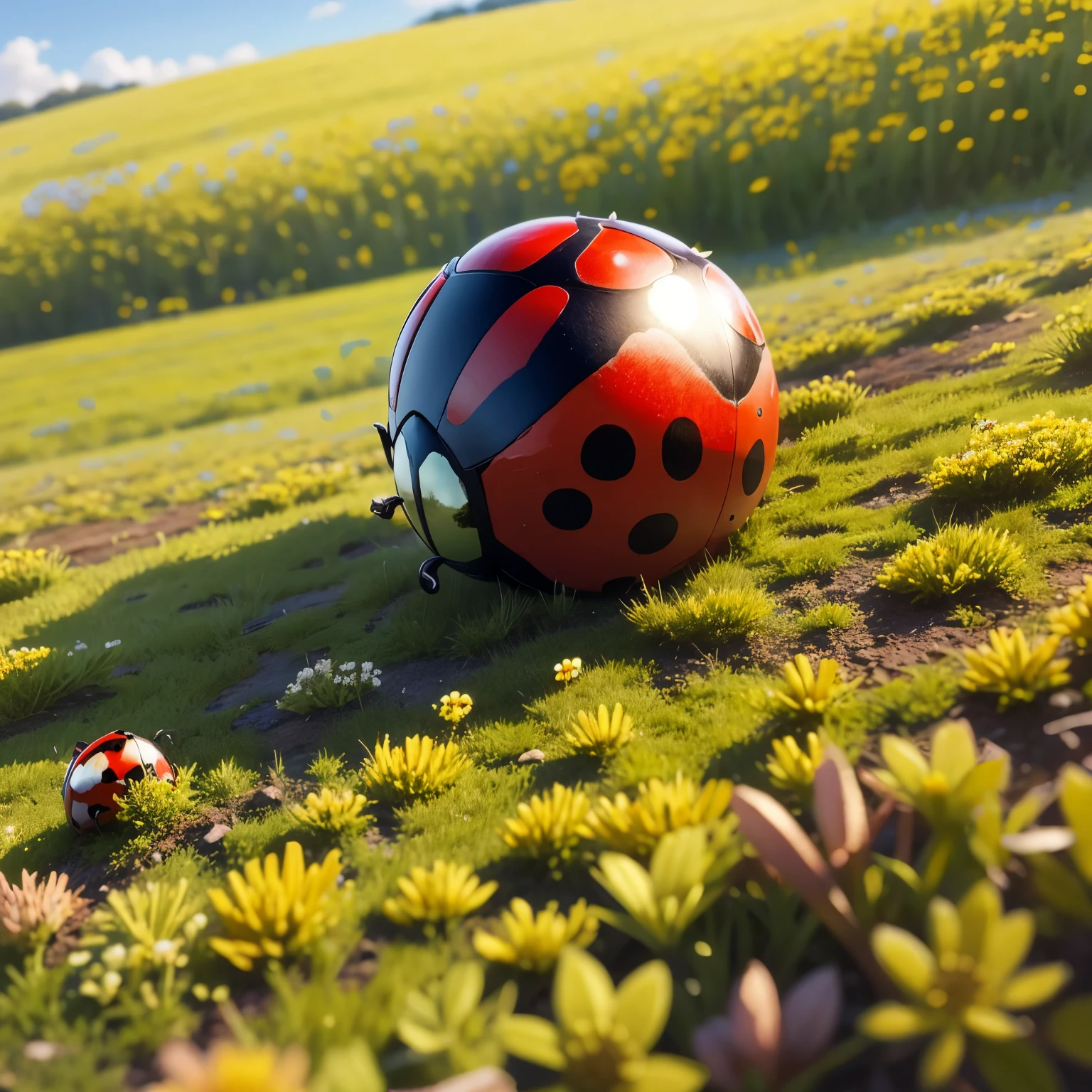 natural red ladybug on a meadow with flowers under a blue sky